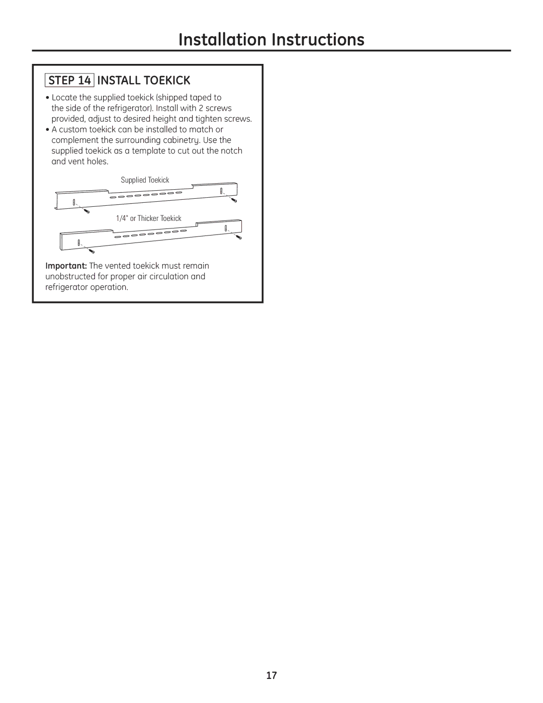 GE 49-60468-1 installation instructions Install Toekick 