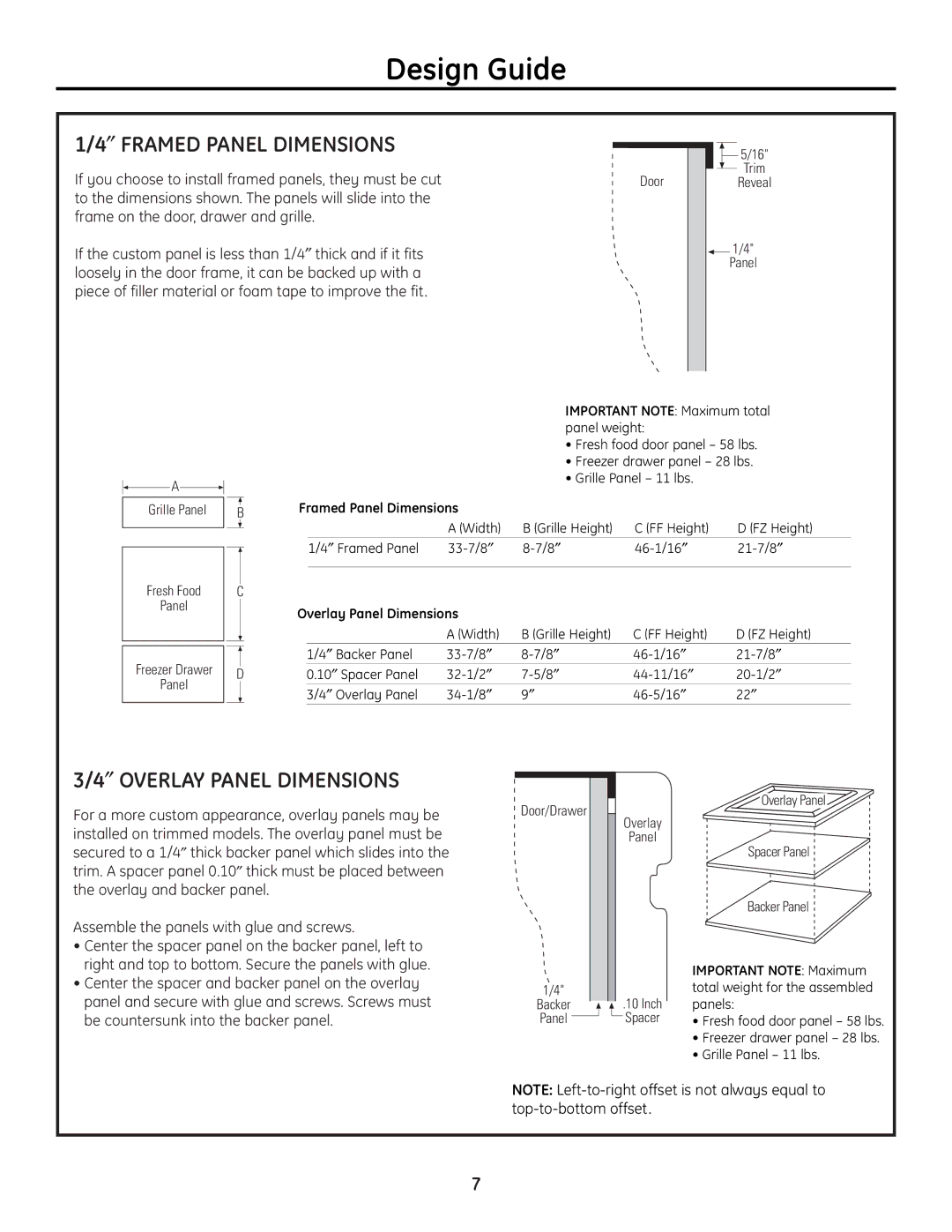 GE 49-60468-1 installation instructions ″ Framed Panel Dimensions, ″ Overlay Panel Dimensions 