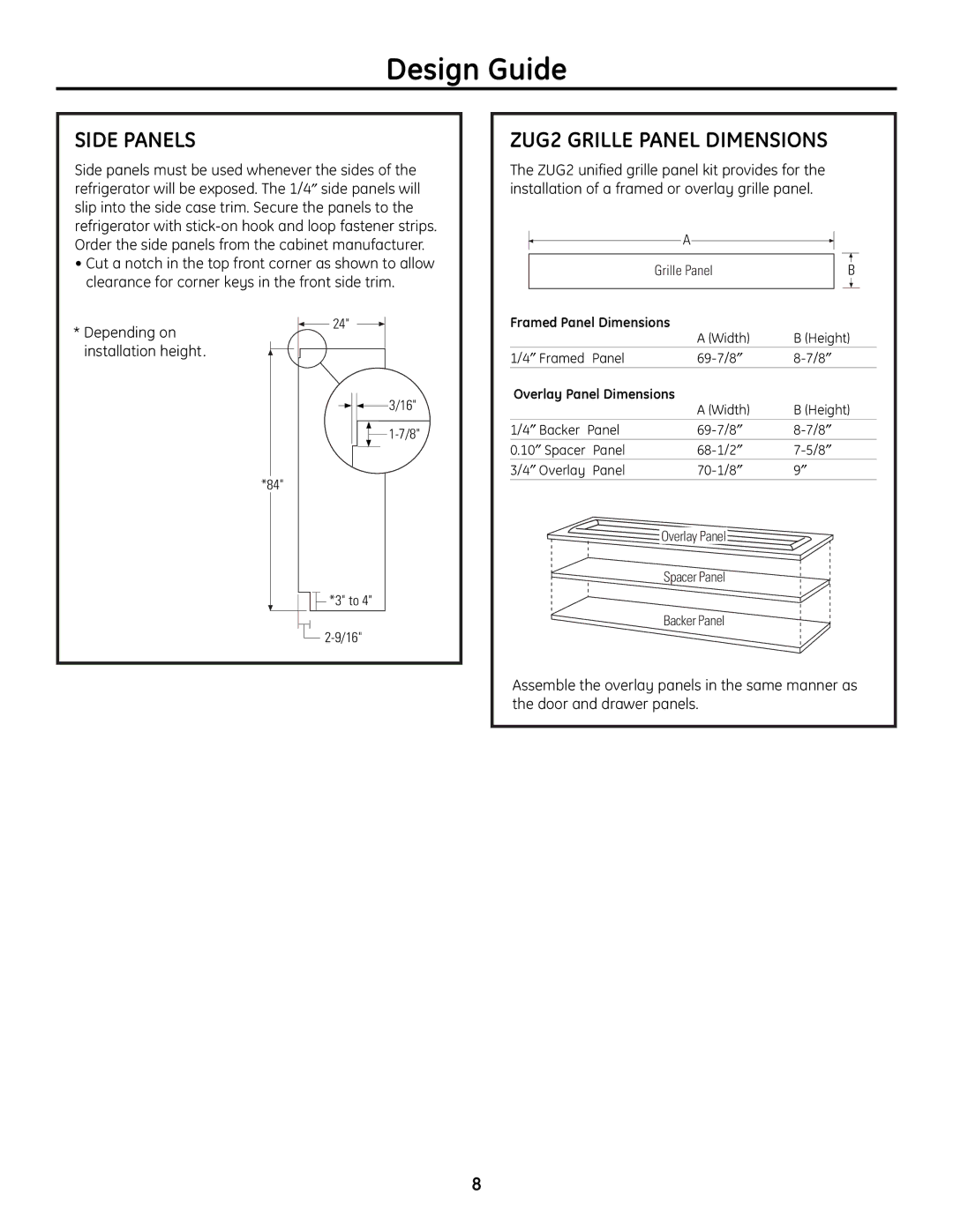 GE 49-60468-1 installation instructions Side Panels, ZUG2 Grille Panel Dimensions, Depending on installation height 