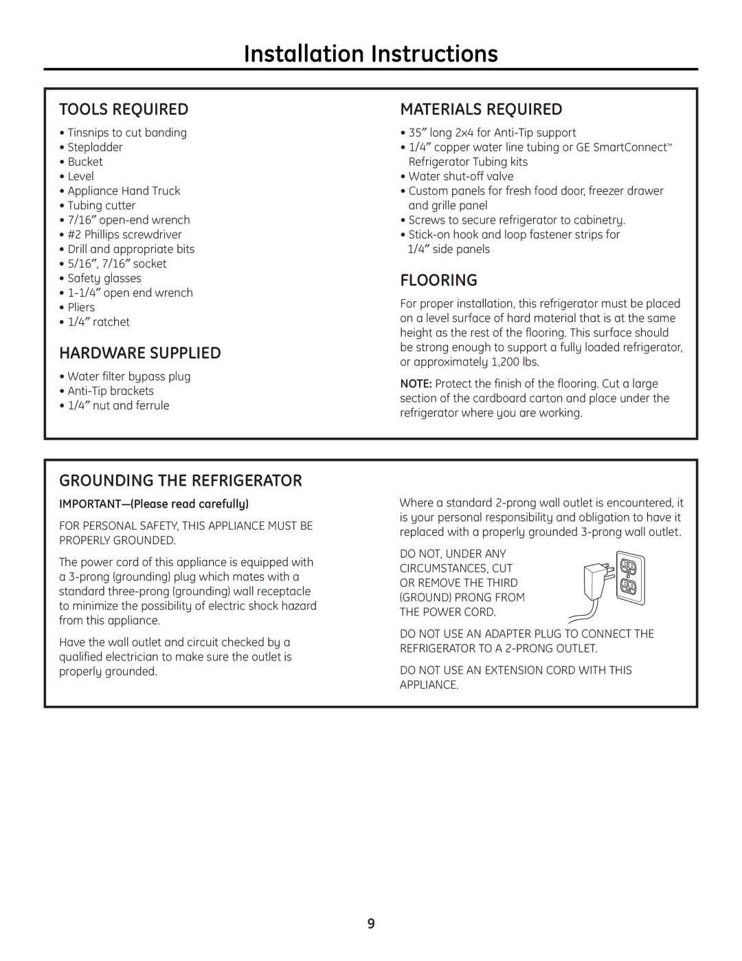 GE 49-60468-1 Tools Required, Hardware Supplied, Materials Required, Flooring, Grounding the Refrigerator 