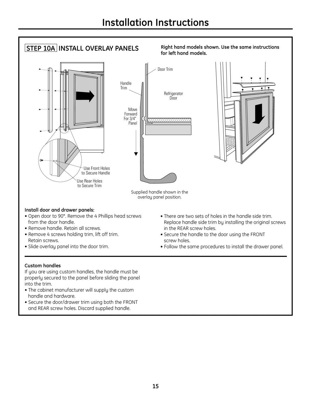 GE 49-60468-1 A Install Overlay Panels, Custom handles, Installation Instructions, Install door and drawer panels 