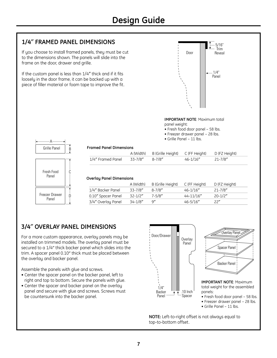 GE 49-60468-1 installation instructions 1/4″ FRAMED PANEL DIMENSIONS, 3/4″ OVERLAY PANEL DIMENSIONS, Design Guide 