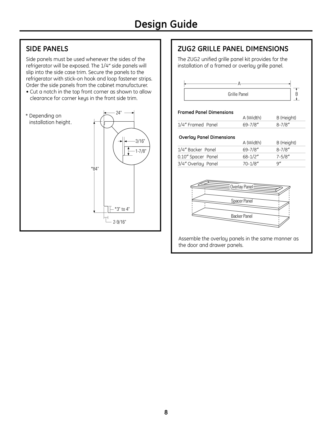GE 49-60468-1 installation instructions Side Panels, ZUG2 GRILLE PANEL DIMENSIONS, Design Guide 