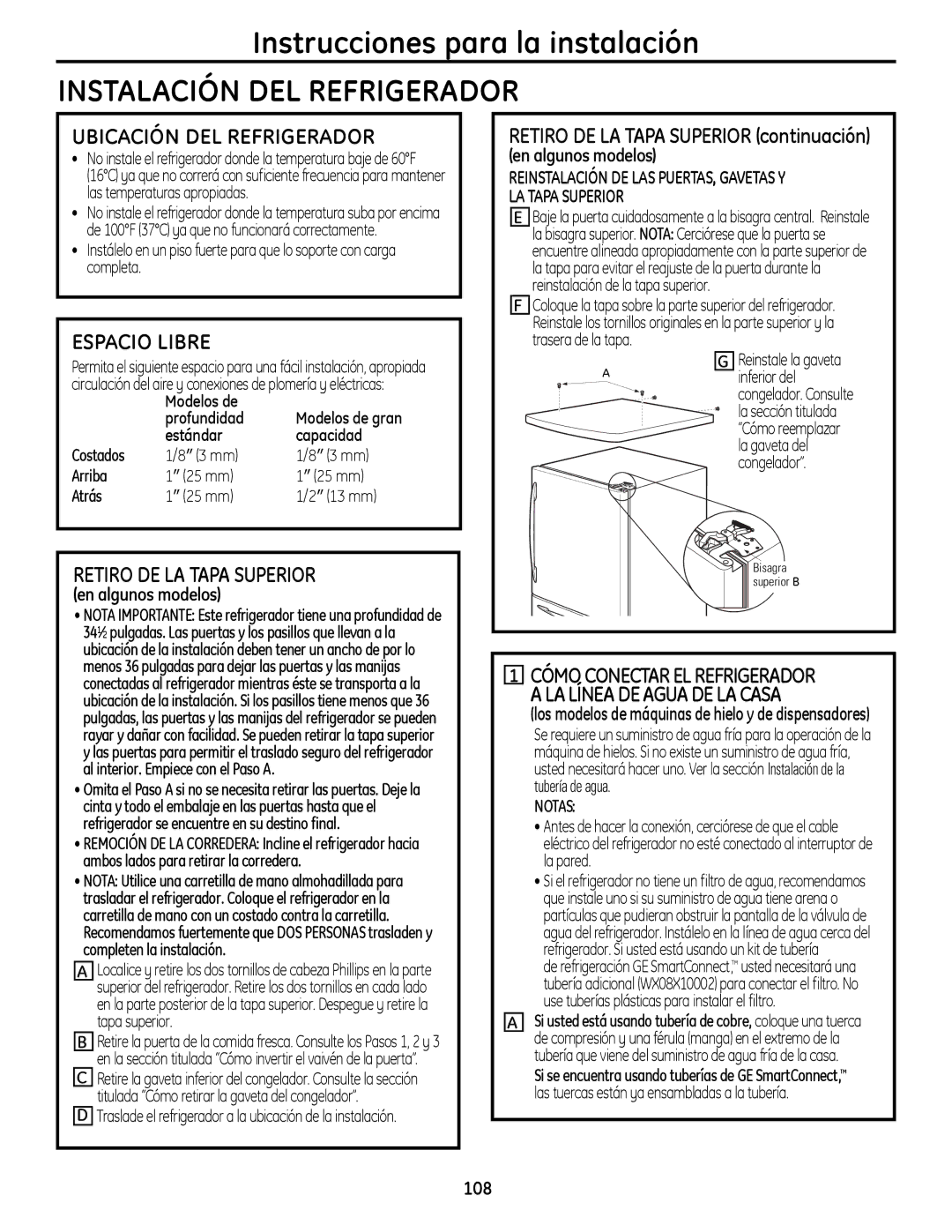 GE 49-60612, 200D9366P020 Ubicación DEL Refrigerador, Espacio Libre, Retiro DE LA Tapa Superior, Notas 