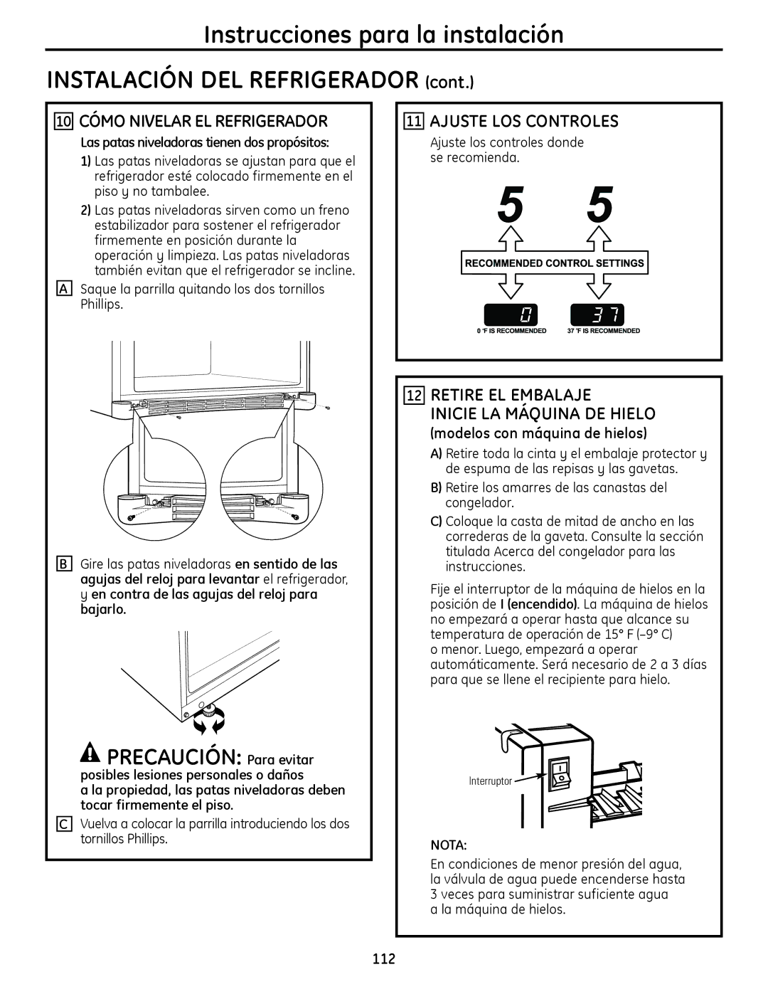 GE 49-60612 10 Cómo Nivelar EL Refrigerador, Ajuste LOS Controles, Retire EL Embalaje Inicie LA Máquina DE Hielo 