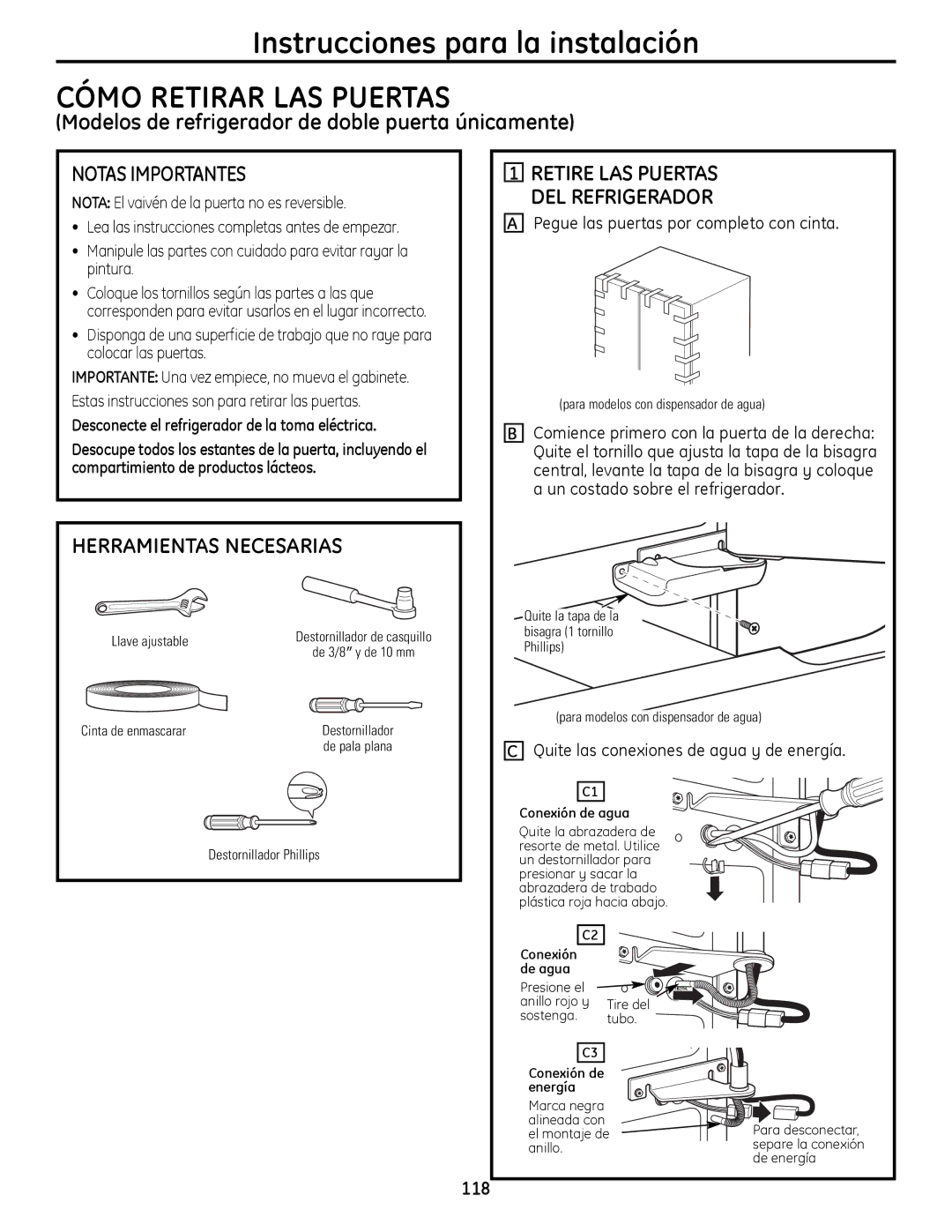 GE 49-60612, 200D9366P020 Nota El vaivén de la puerta no es reversible, Retire LAS Puertas DEL Refrigerador 