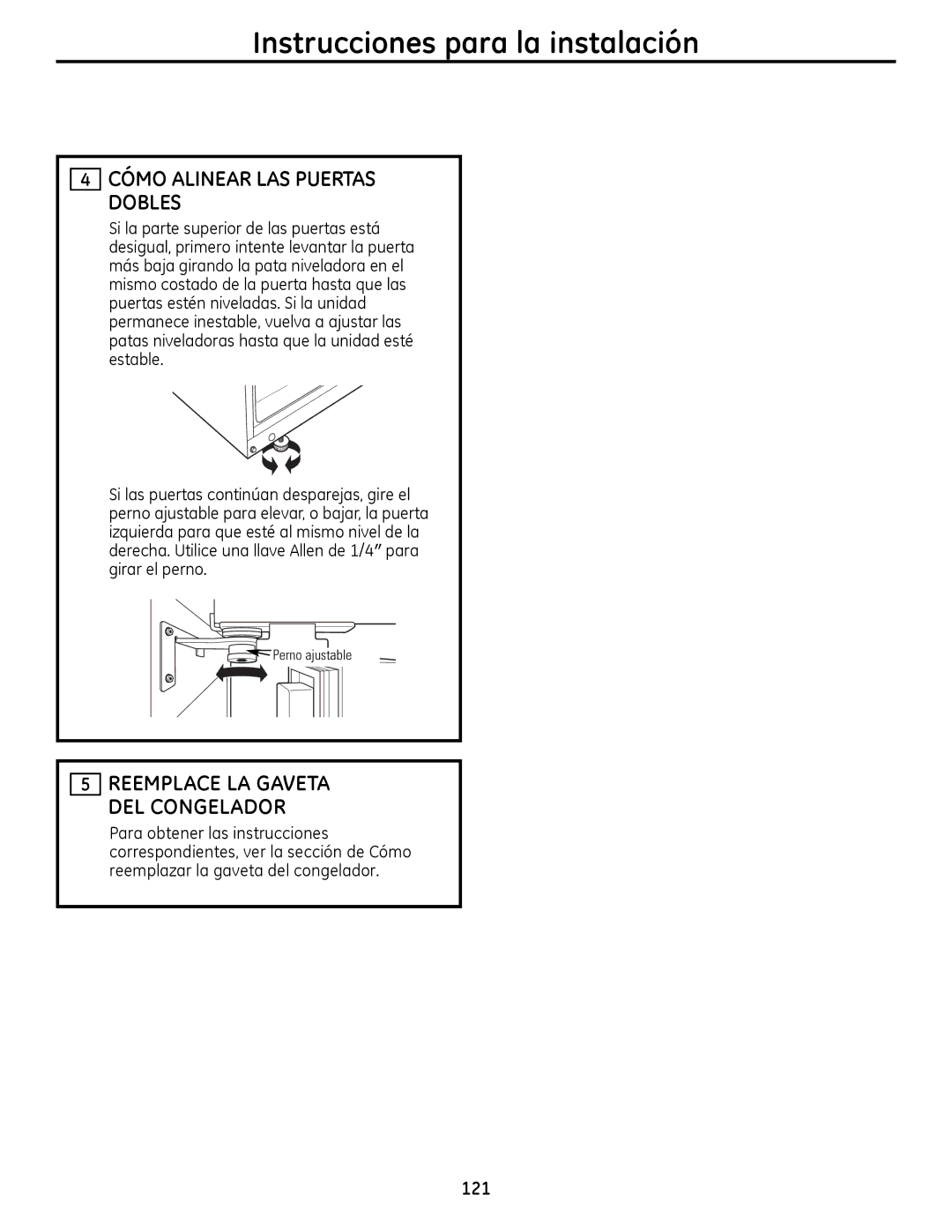 GE 200D9366P020, 49-60612 installation instructions Cómo Alinear LAS Puertas Dobles, Reemplace LA Gaveta DEL Congelador 