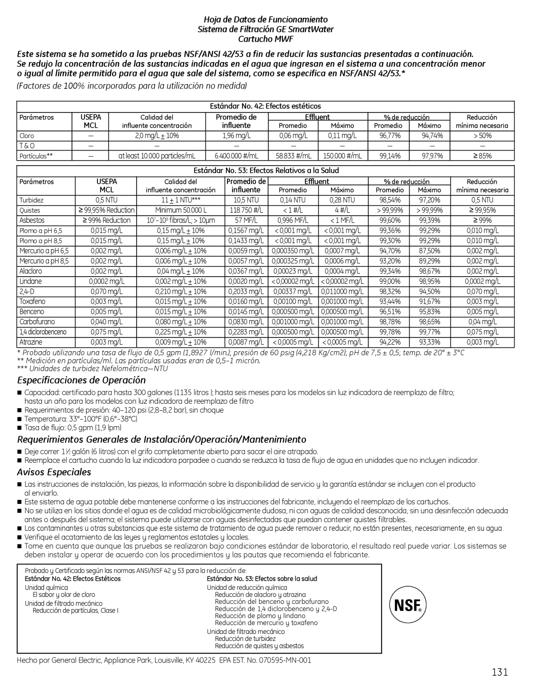 GE 200D9366P020, 49-60612 installation instructions Especificaciones de Operación, Avisos Especiales 