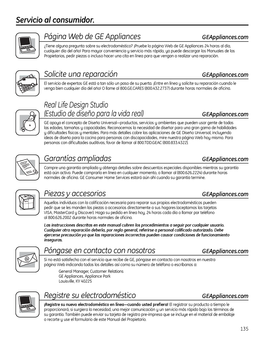 GE 200D9366P020, 49-60612 installation instructions Servicio al consumidor, Página Web de GE Appliances 