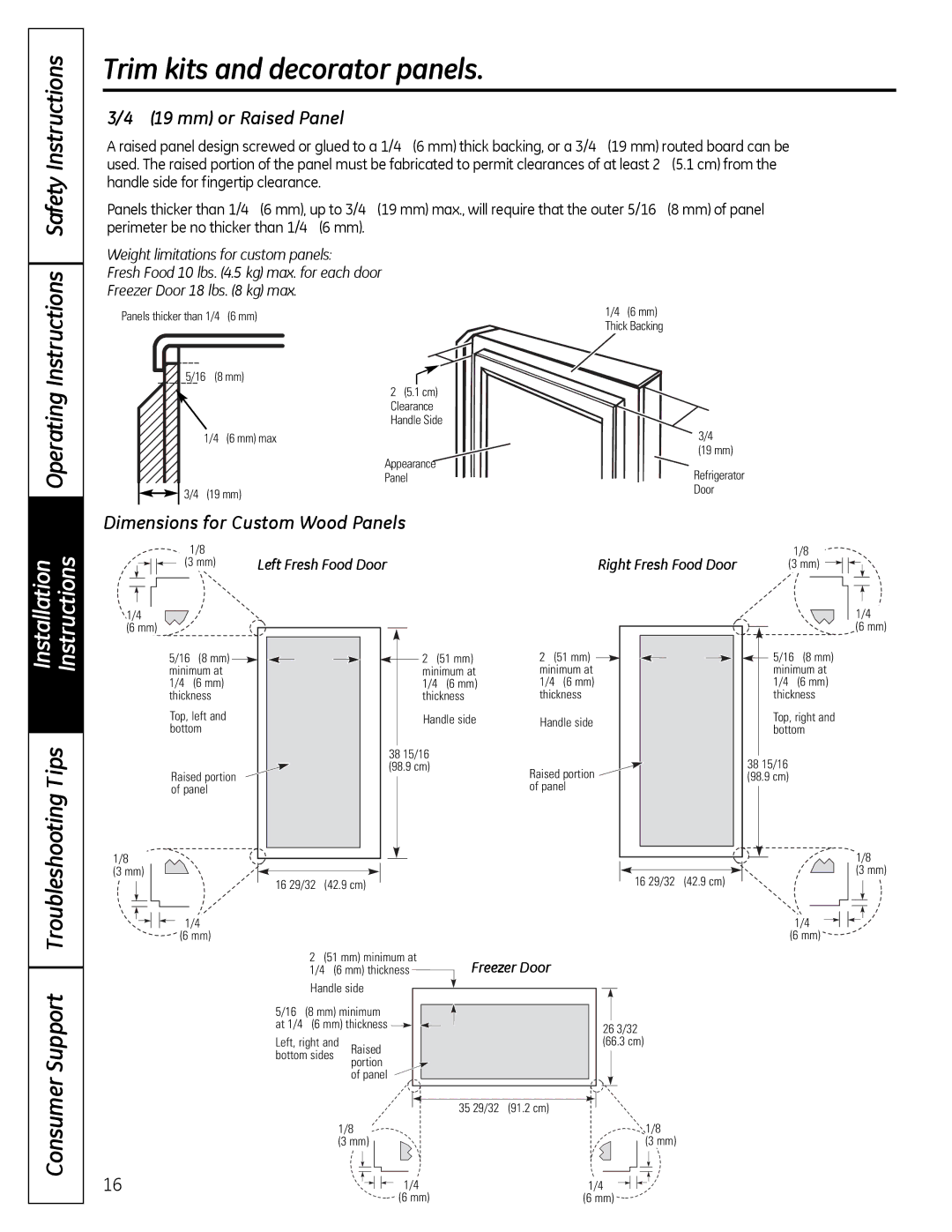 GE 49-60612 Operating Instructions Safety Instructions, Support, mm or Raised Panel, Dimensions for Custom Wood Panels 