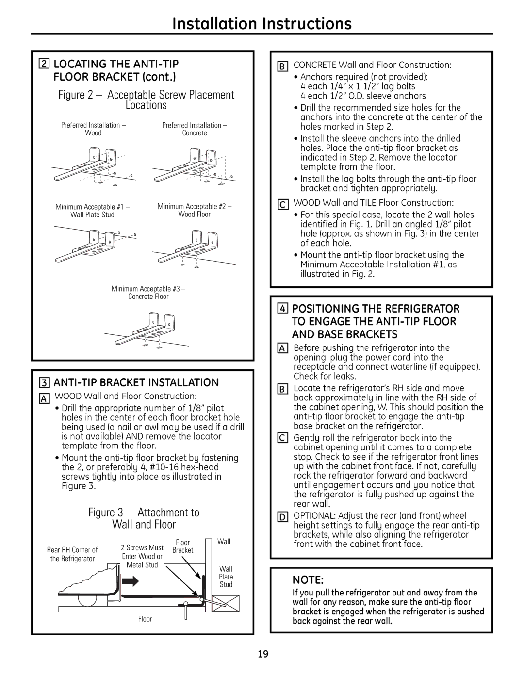 GE 200D9366P020, 49-60612 installation instructions Locating the ANTI-TIP, Floor Bracket, ANTI-TIP Bracket Installation 