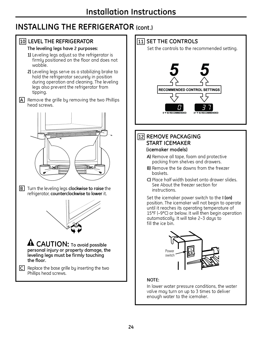 GE 49-60612, 200D9366P020 SET the Controls, Leveling legs have 2 purposes, Set the controls to the recommended setting 