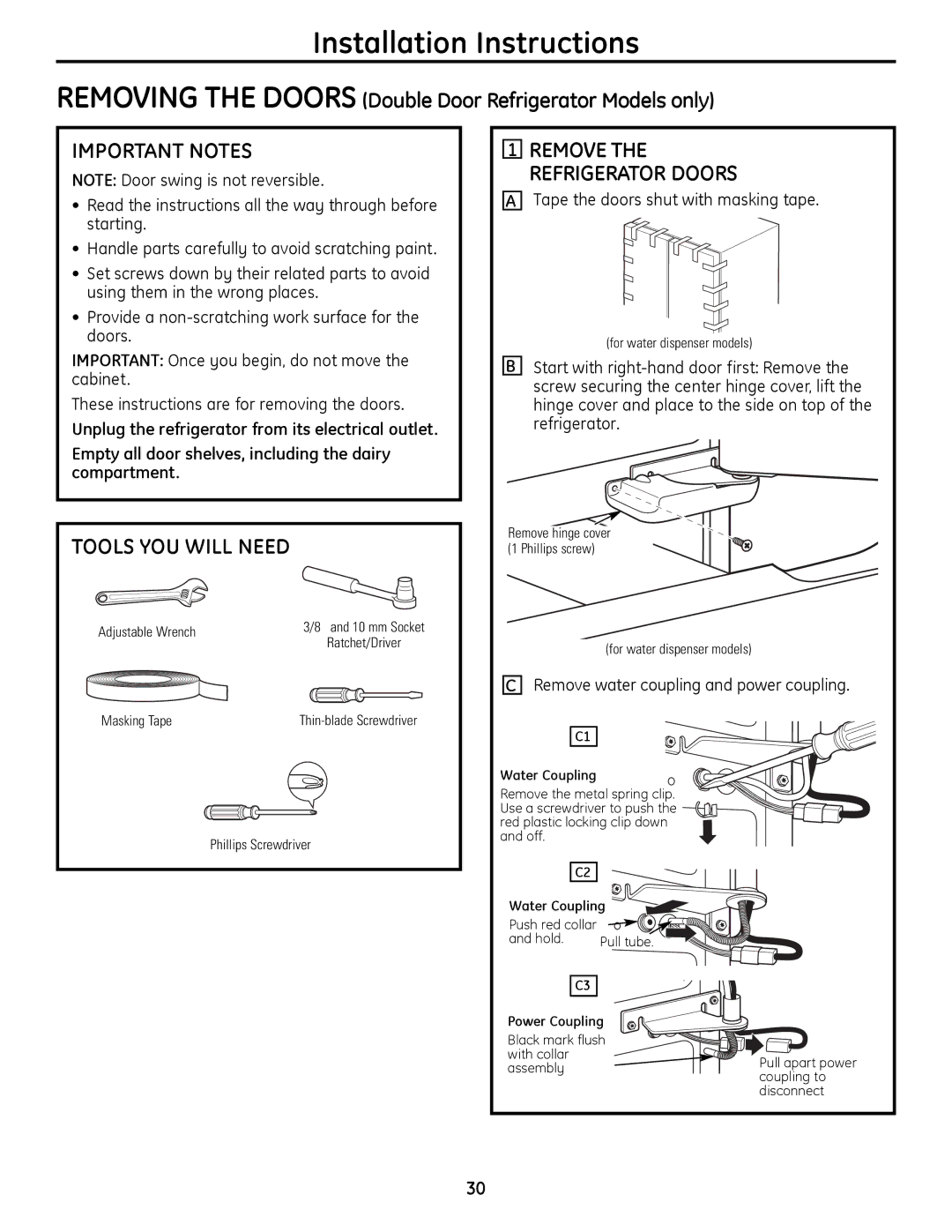 GE 49-60612, 200D9366P020 Removing the Doors Double Door Refrigerator Models only, Tape the doors shut with masking tape 