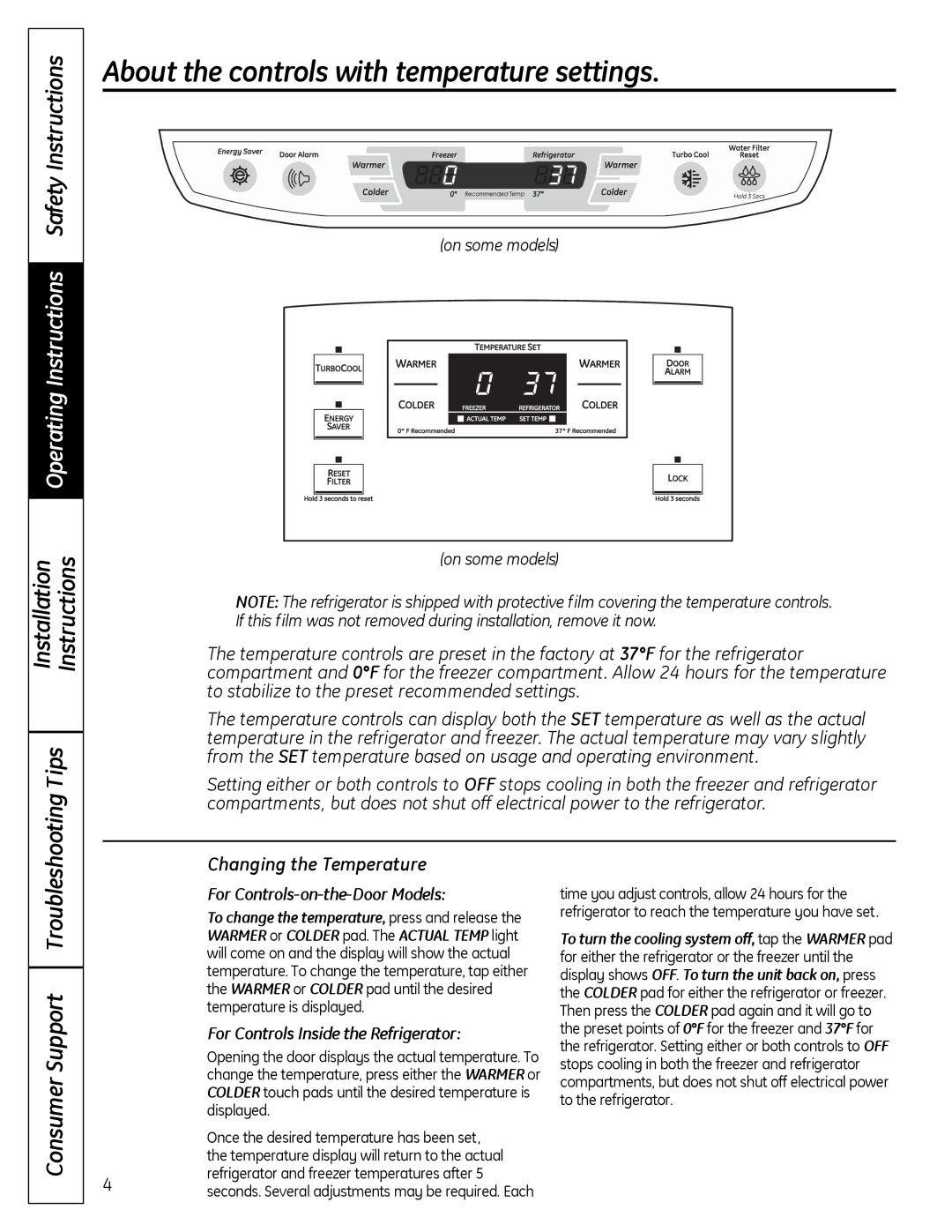 GE 49-60612, 200D9366P020 About the controls with temperature settings, Operating Instructions Safety Instructions 