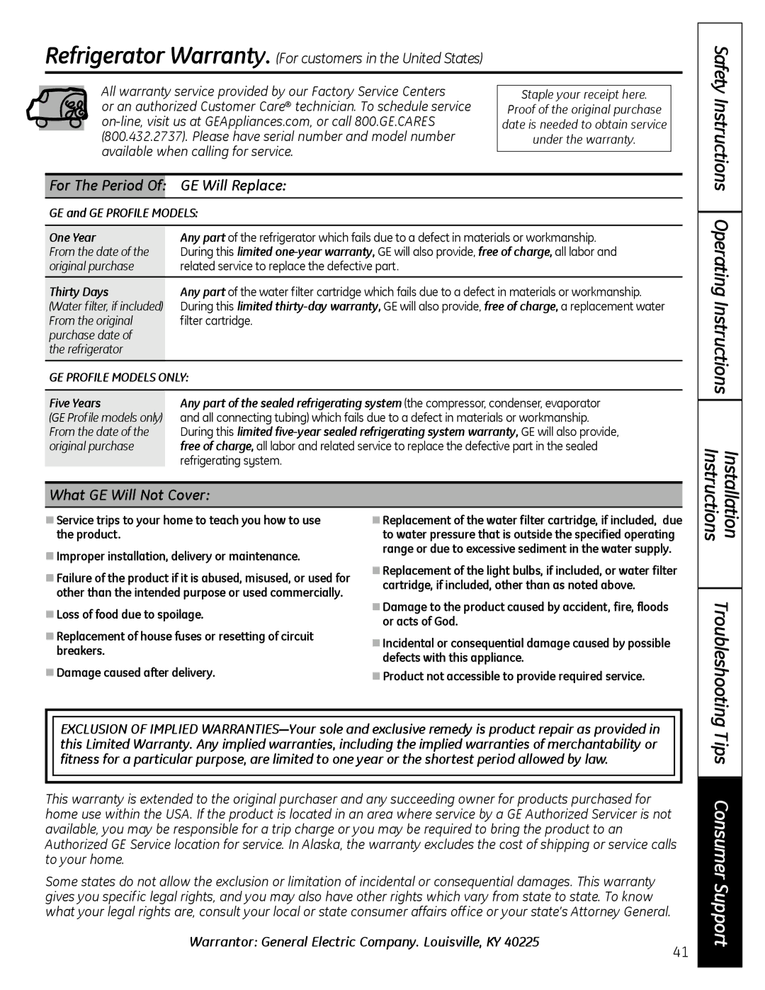 GE 200D9366P020, 49-60612 Tips Consumer Support, GE Will Replace, What GE Will Not Cover, For The Period 