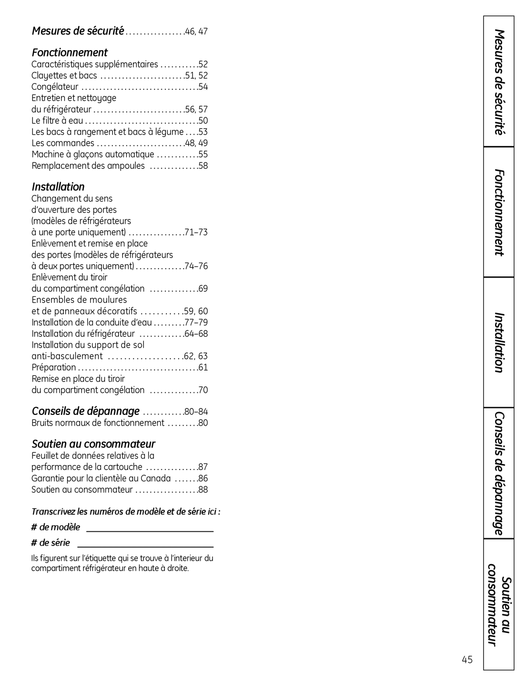 GE 200D9366P020, 49-60612 Mesures de sécurité . . . . . . . . . . . . . . . . .46, Des portes modèles de réfrigérateurs 