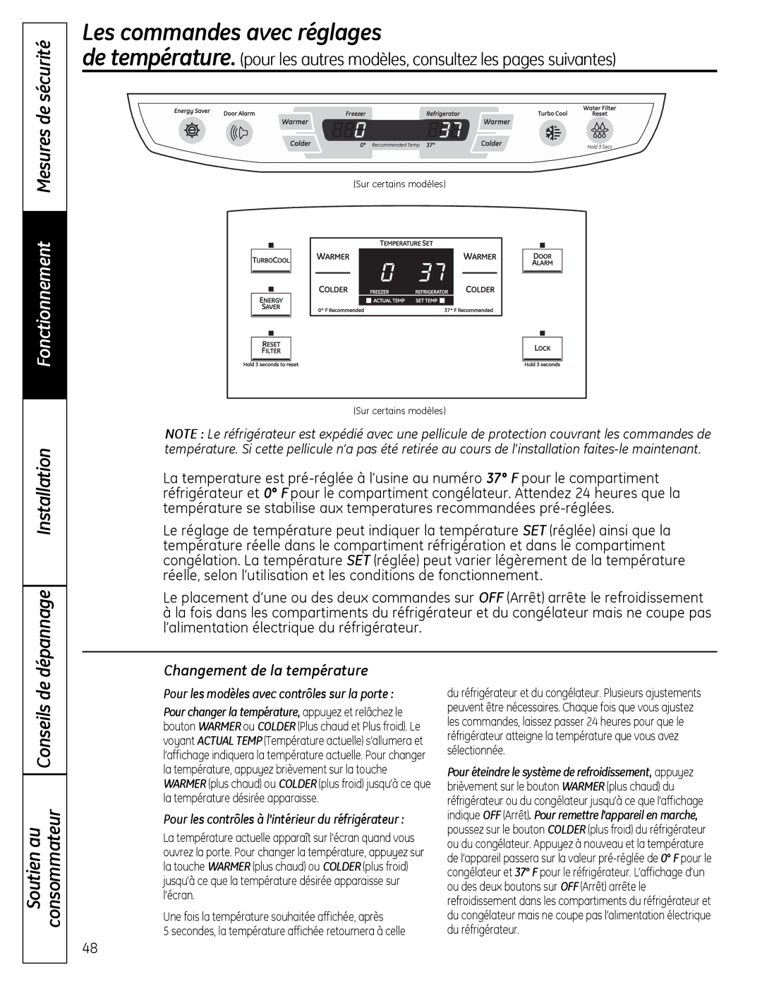 GE 49-60612, 200D9366P020 Les commandes avec réglages, Fonctionnement Mesures de sécurité Installation Dépannage 