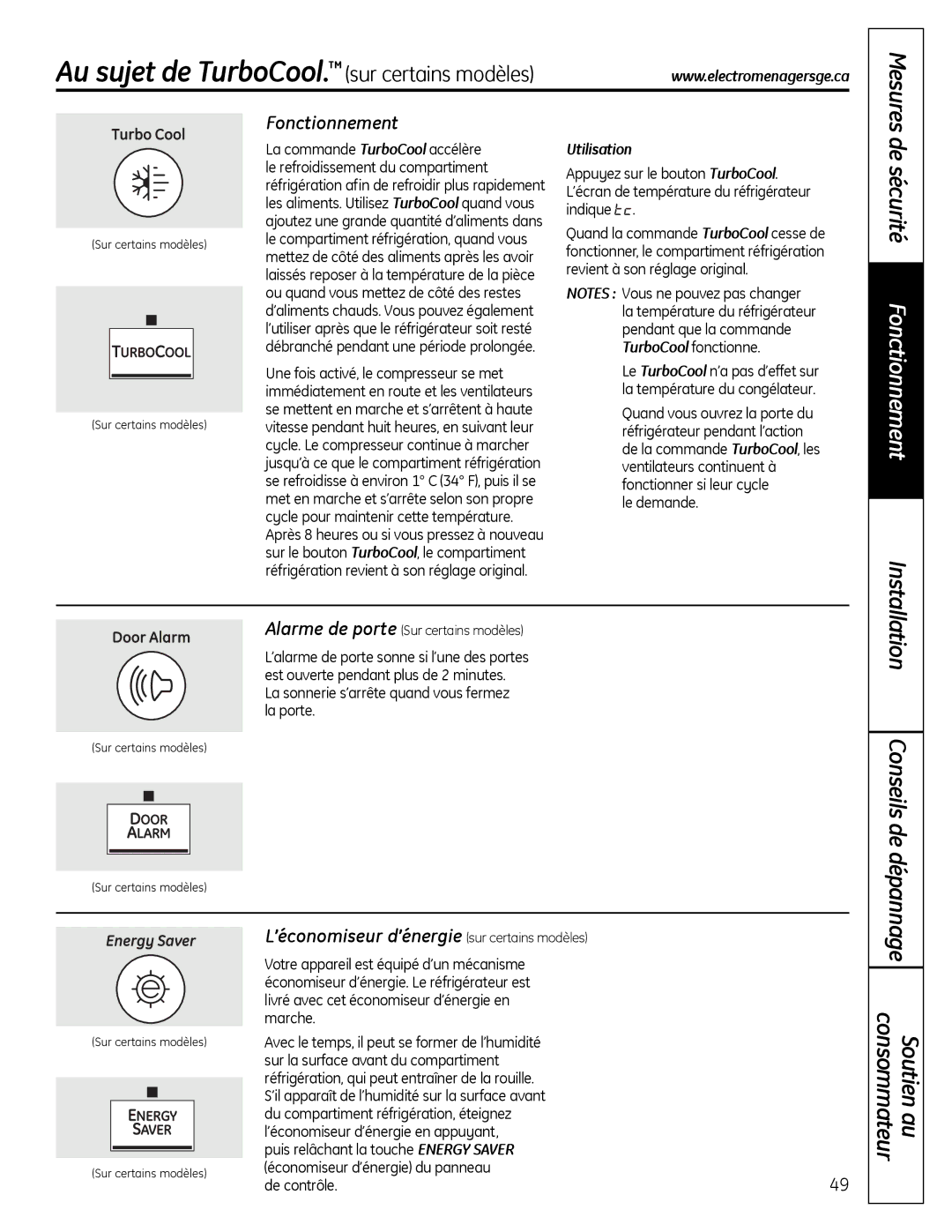 GE 200D9366P020, 49-60612 Au sujet de TurboCool. sur certains modèles, De sécurité Fonctionnement, Soutien au consommateur 
