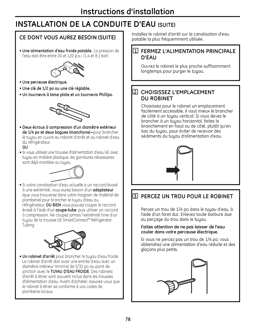 GE 49-60612, 200D9366P020 installation instructions Fermez L’ALIMENTATION Principale D’EAU, Percez UN Trou Pour LE Robinet 