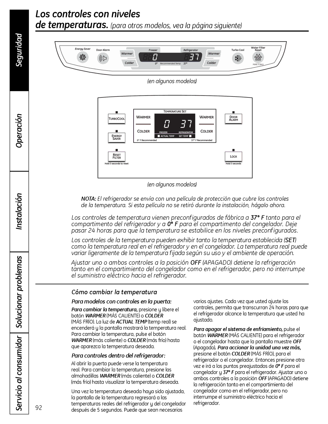 GE 49-60612, 200D9366P020 Los controles con niveles, Operación Instalación Problemas, Servicio al consumidor Solucionar 