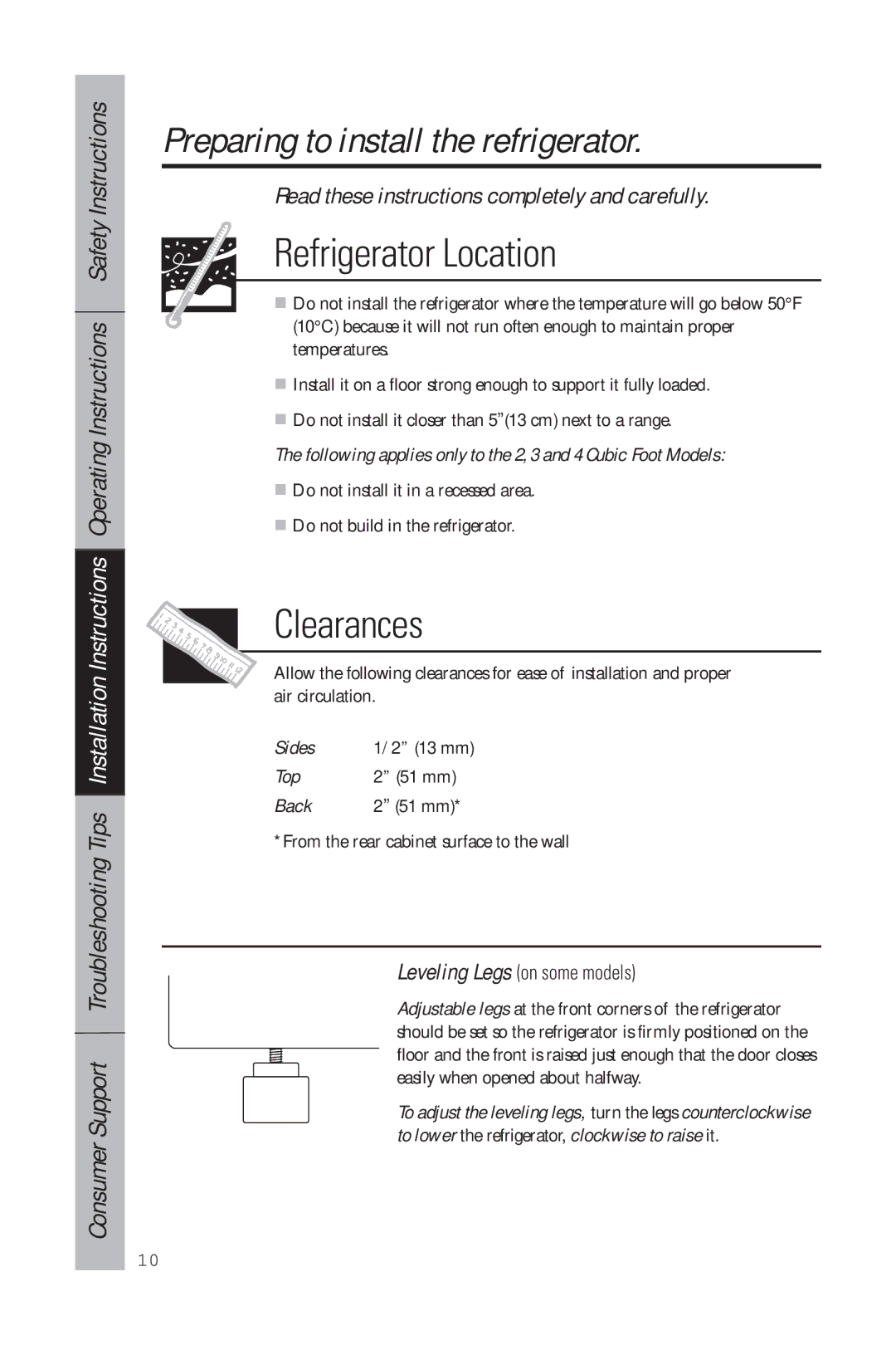 GE 49-60634-1 owner manual Preparing to install the refrigerator, Read these instructions completely and carefully 