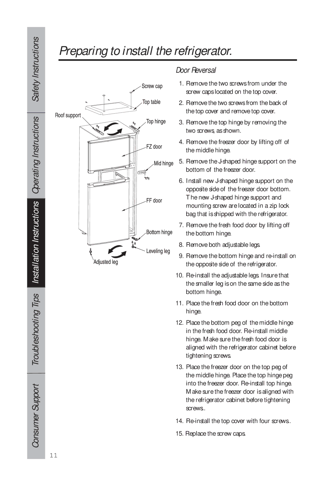 GE 49-60634-1 owner manual Door Reversal, Place the fresh food door on the bottom hinge 