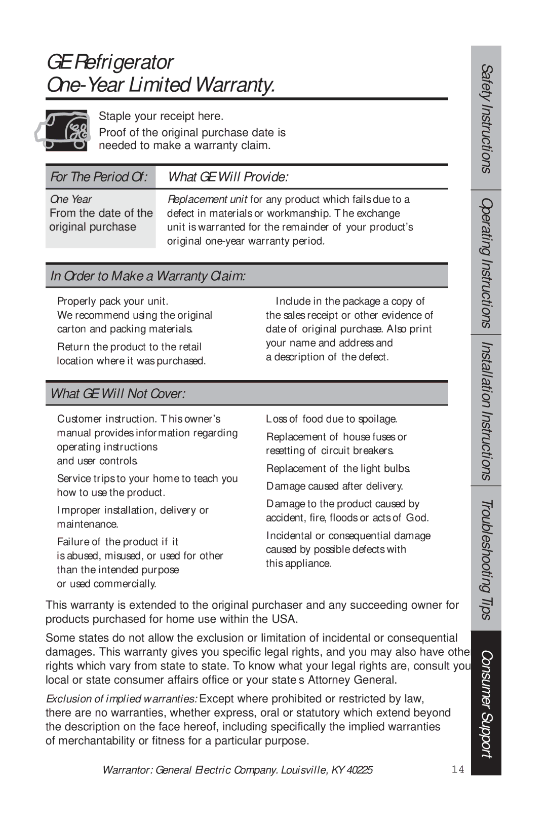 GE 49-60634-1 owner manual GE Refrigerator One-Year Limited Warranty, What GE Will Provide, Order to Make a Warranty Claim 