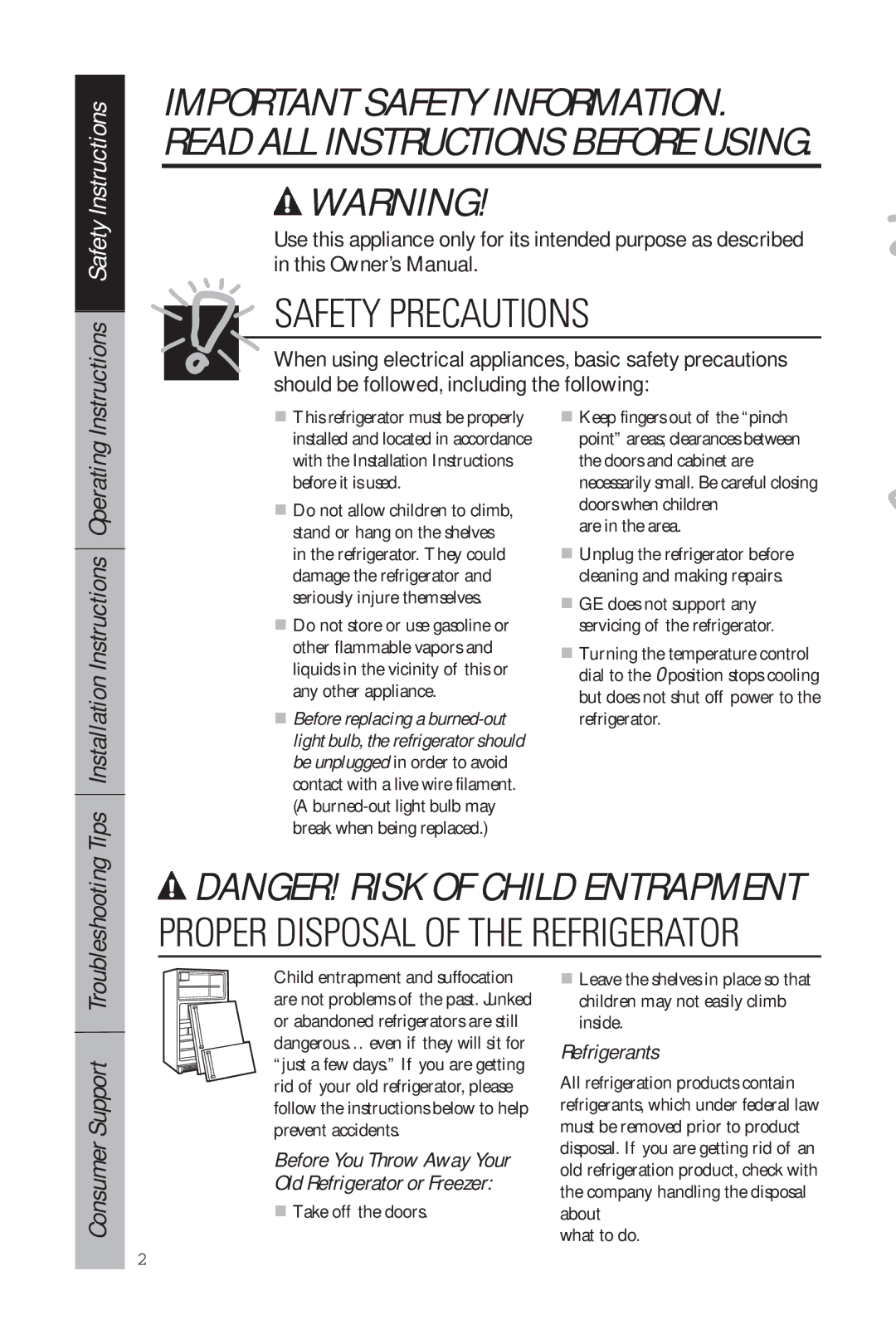 GE 49-60634-1 owner manual Tips Installation Instructions Operating, Refrigerants,  Before replacing a burned-out 