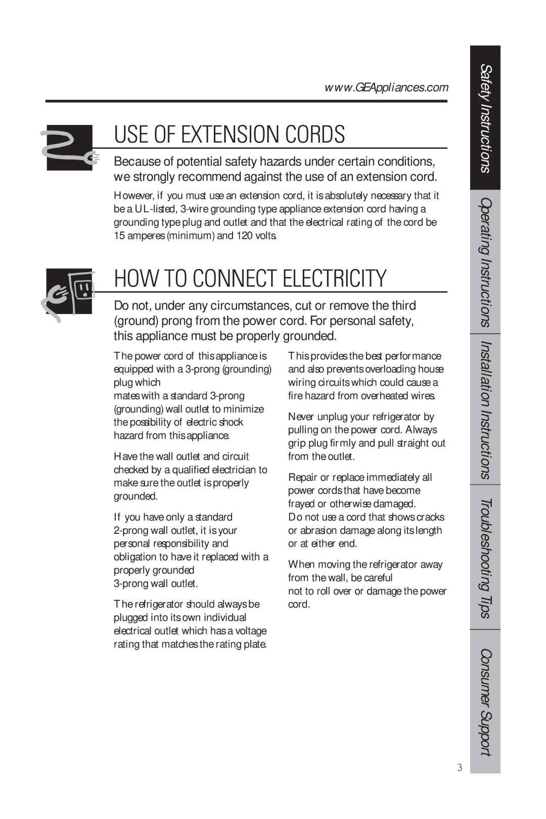 GE 49-60634-1 owner manual USE of Extension Cords, Safety Instructions Operating Instructions 