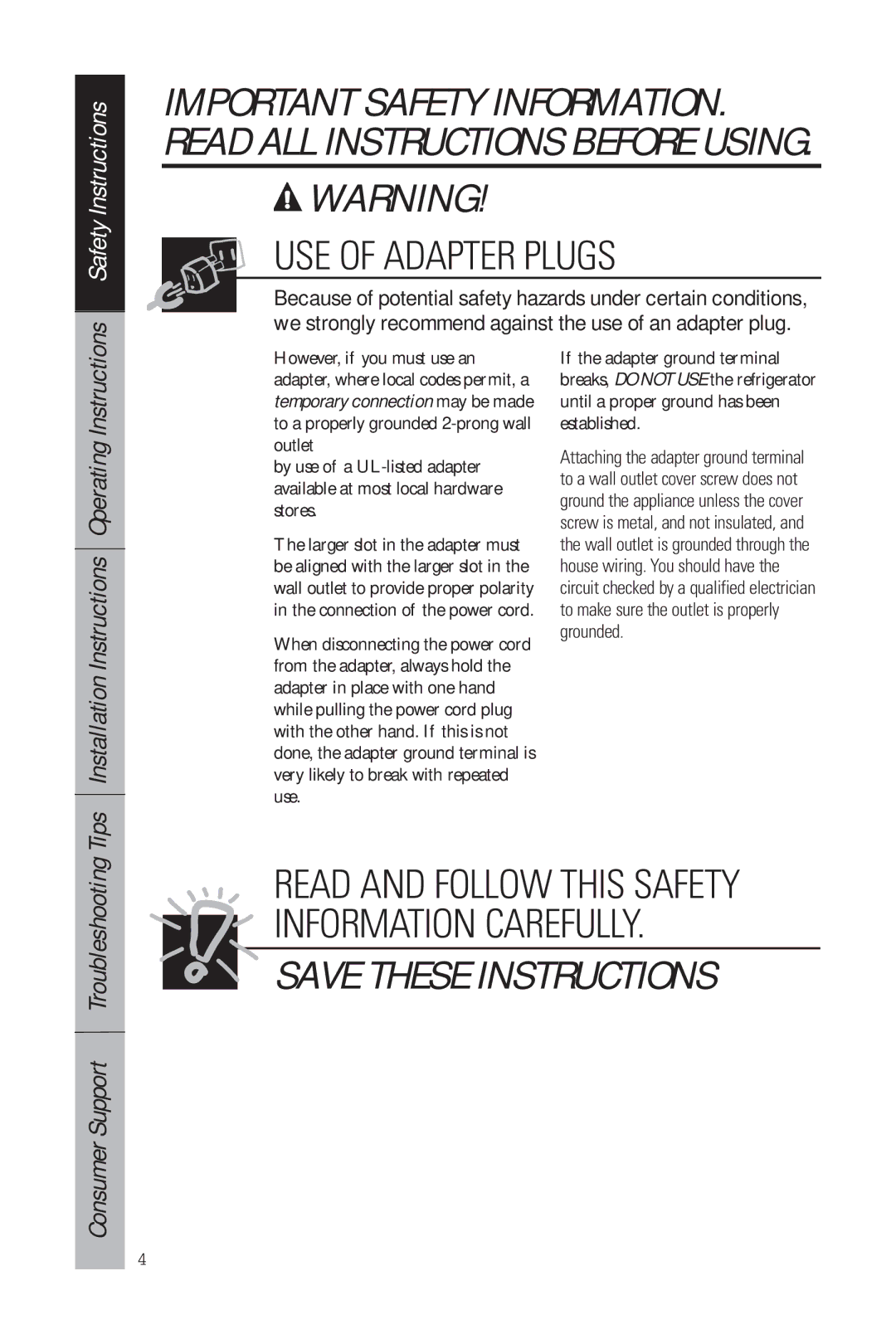 GE 49-60634-1 owner manual USE of Adapter Plugs, Tips Installation Instructions Operating Instructions 