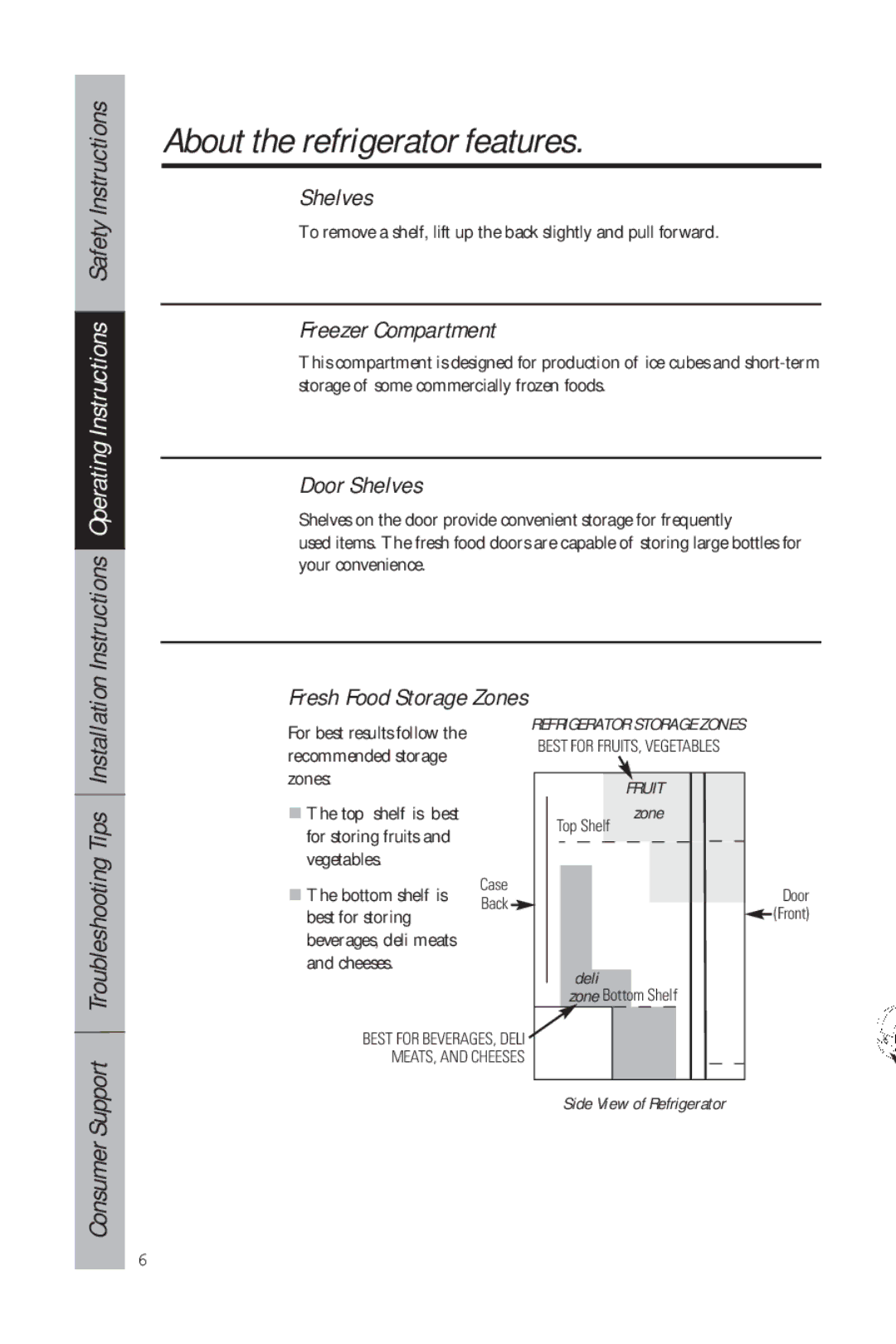 GE 49-60634-1 owner manual About the refrigerator features, Freezer Compartment, Door Shelves, Fresh Food Storage Zones 