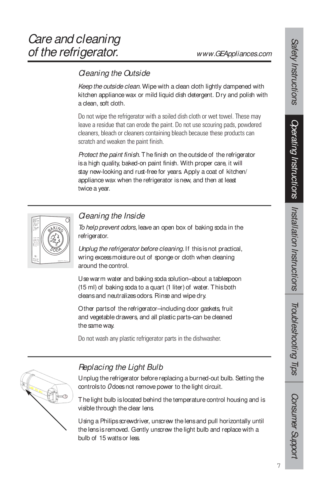 GE 49-60634-1 Care and cleaning Refrigerator, Cleaning the Outside, Cleaning the Inside, Replacing the Light Bulb 