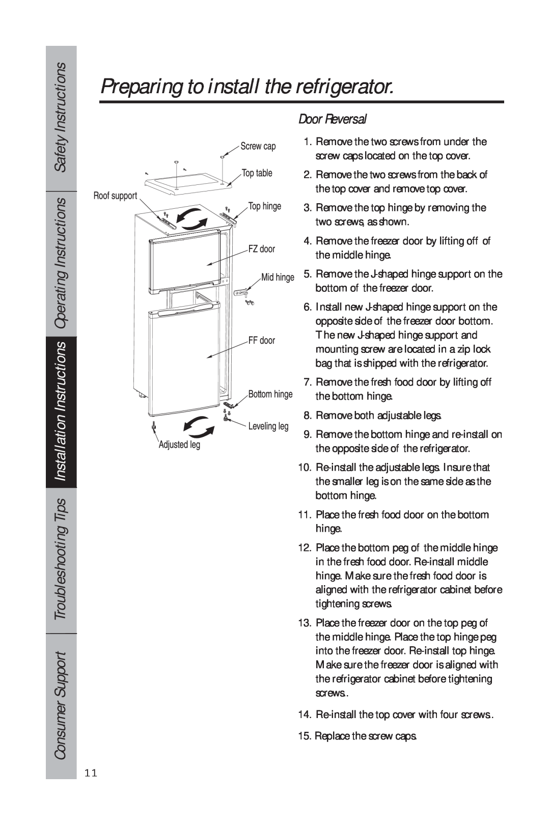 GE 49-60634-1 owner manual Door Reversal, Preparing to install the refrigerator, Remove the two screws from the back of 