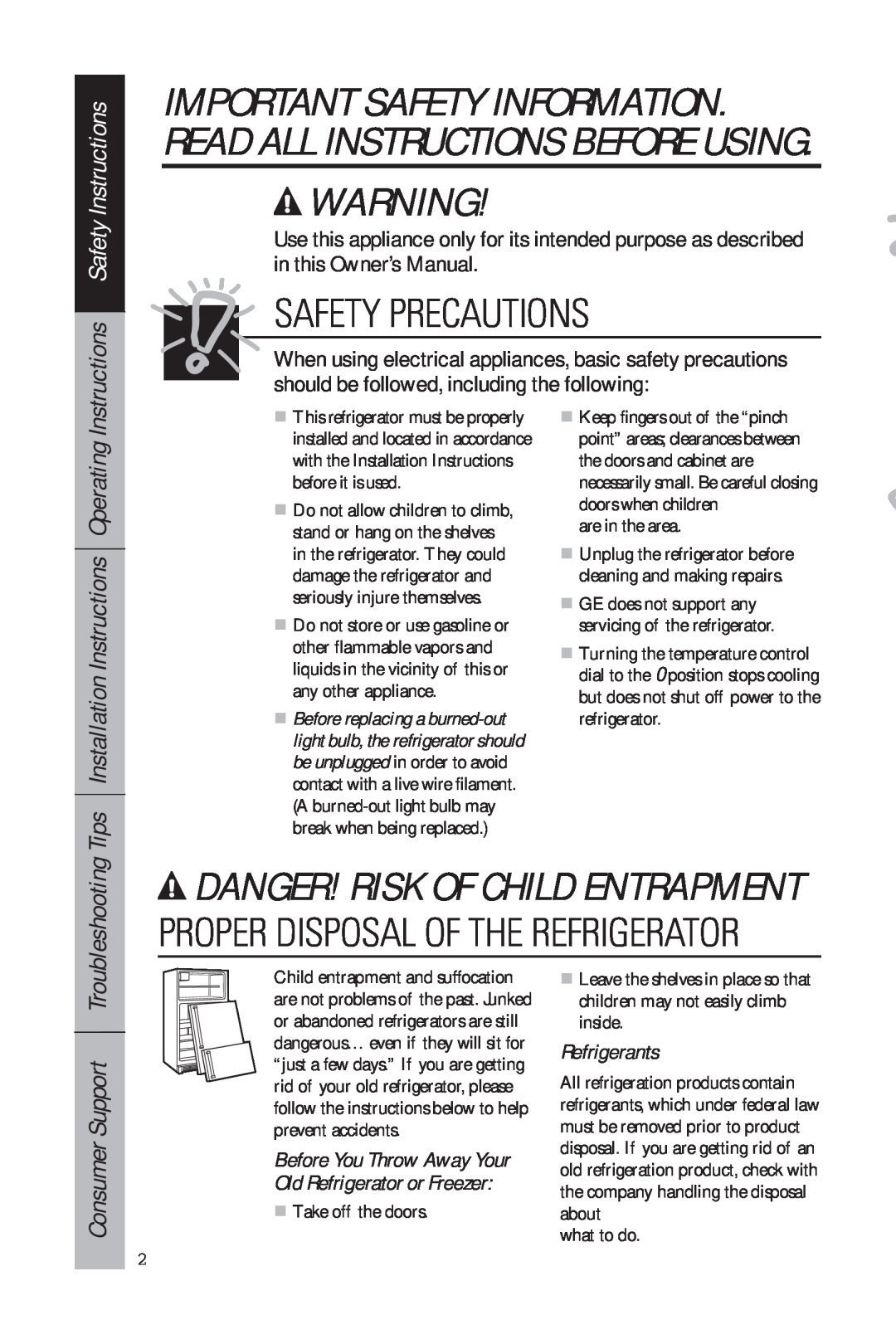 GE 49-60634-1 Safety Precautions, Danger! Risk Of Child Entrapment, Instructions Safety Instructions, Refrigerants 