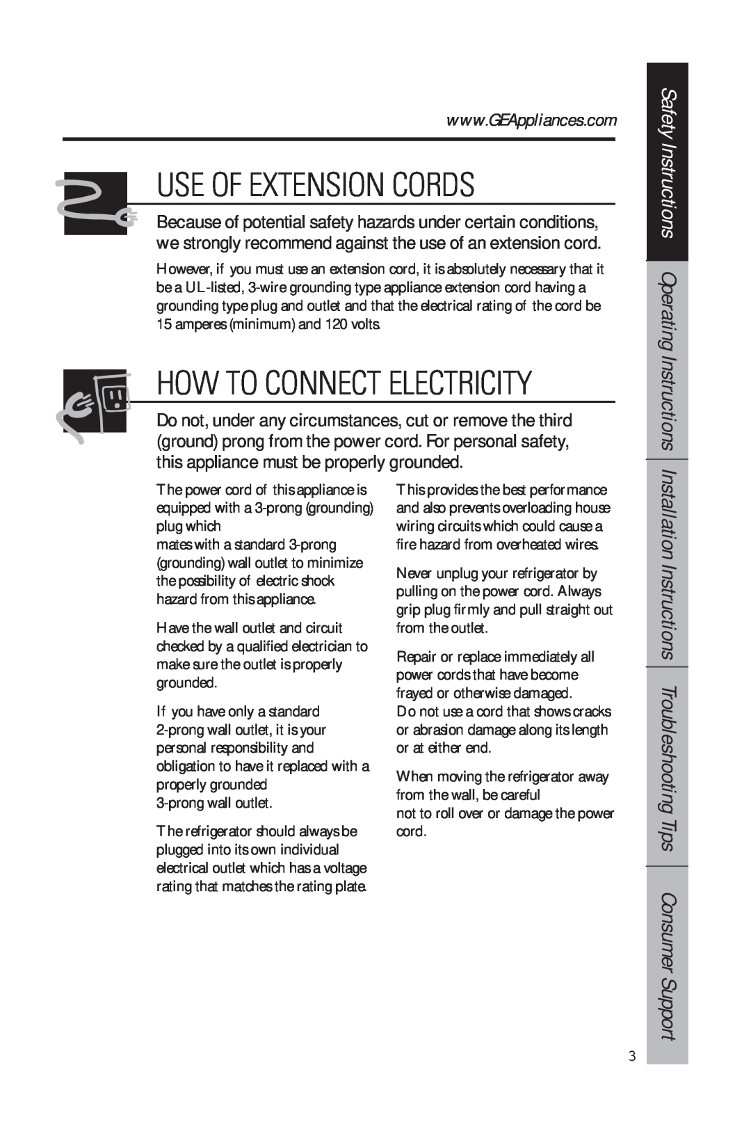 GE 49-60634-1 owner manual Use Of Extension Cords, Safety Instructions Operating Instructions, How To Connect Electricity 