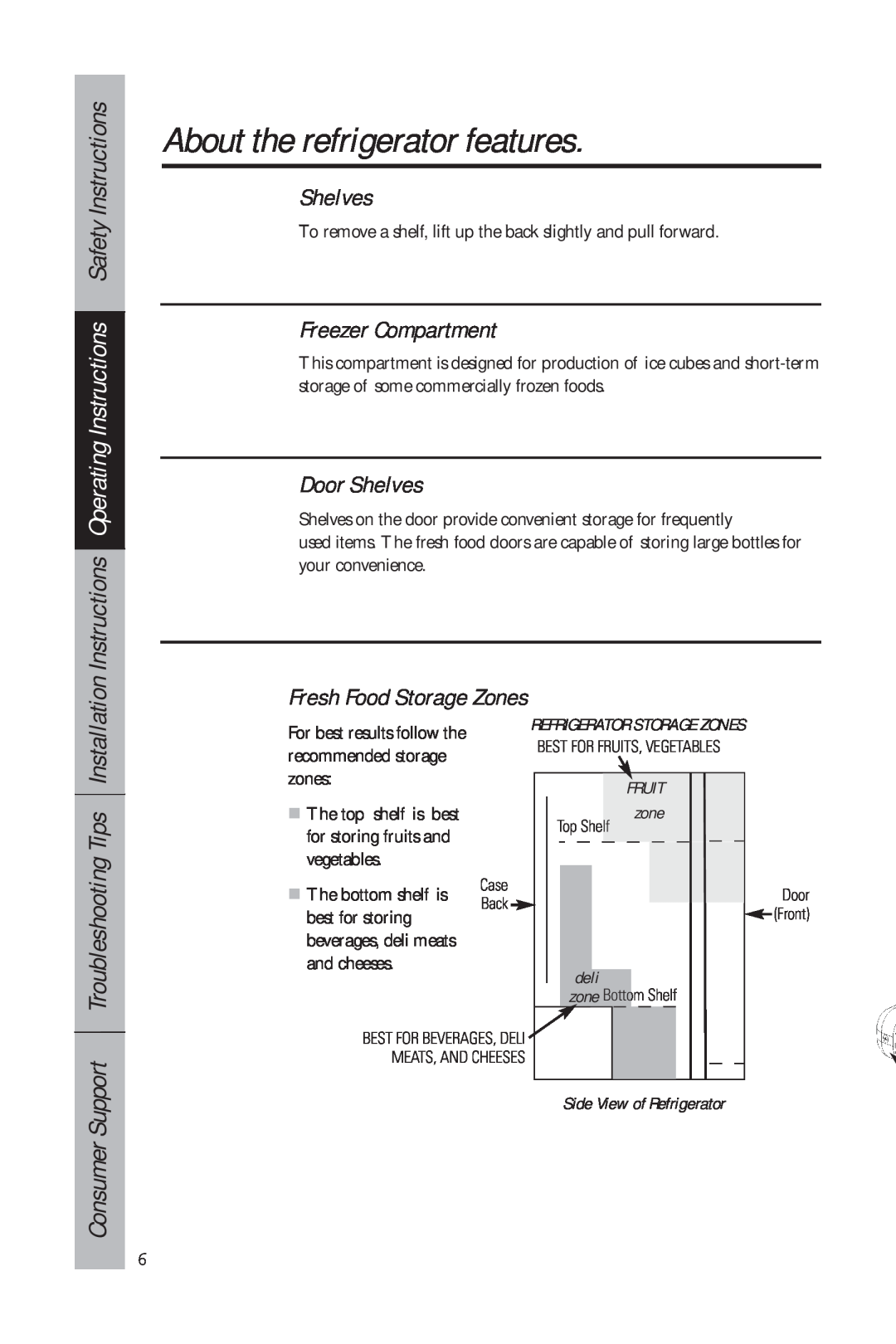 GE 49-60634-1 owner manual About the refrigerator features, Freezer Compartment, Door Shelves, Fresh Food Storage Zones 