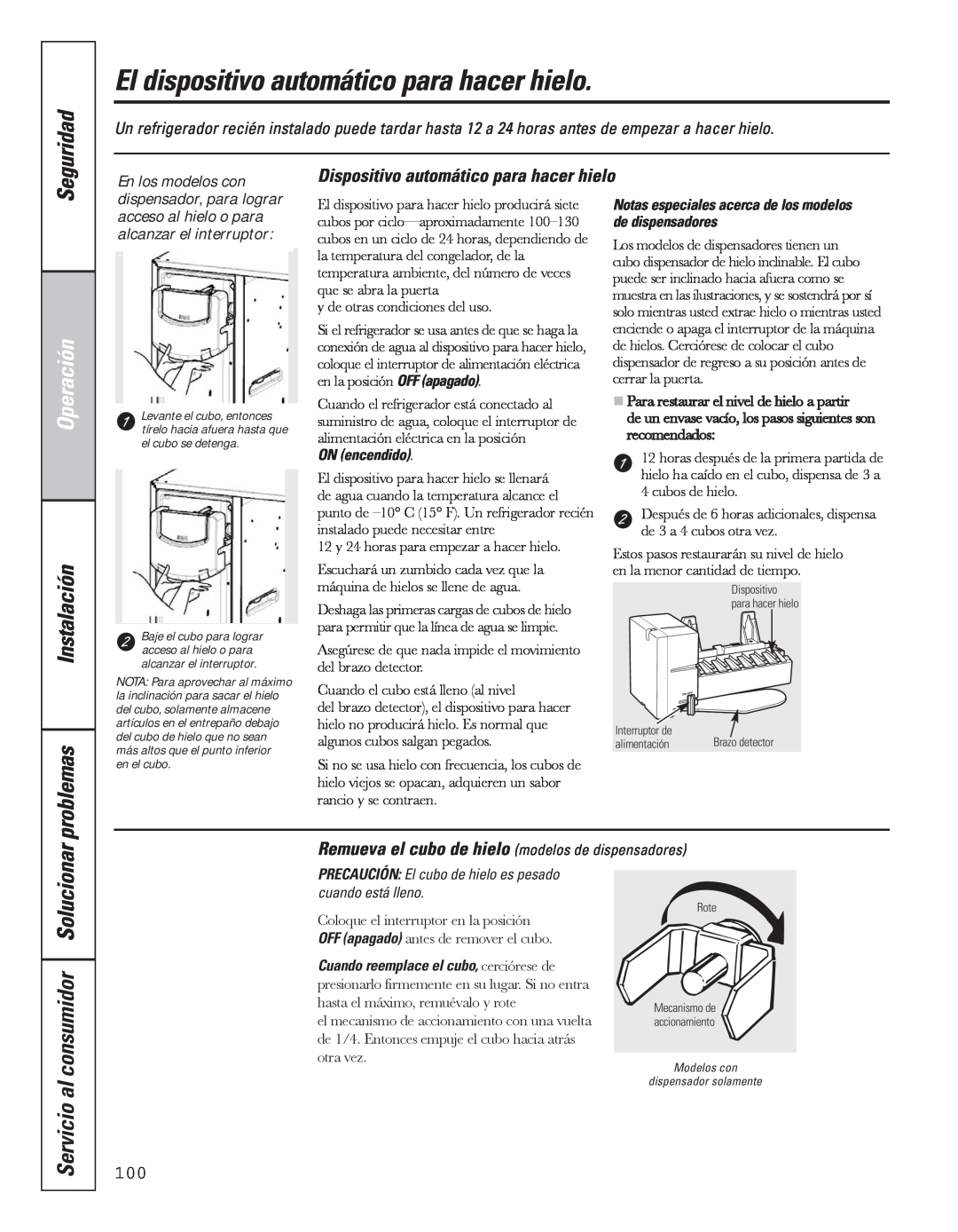 GE 49-60637 manual El dispositivo automático para hacer hielo, Servicio al consumidor Solucionar, Seguridad, Operación 