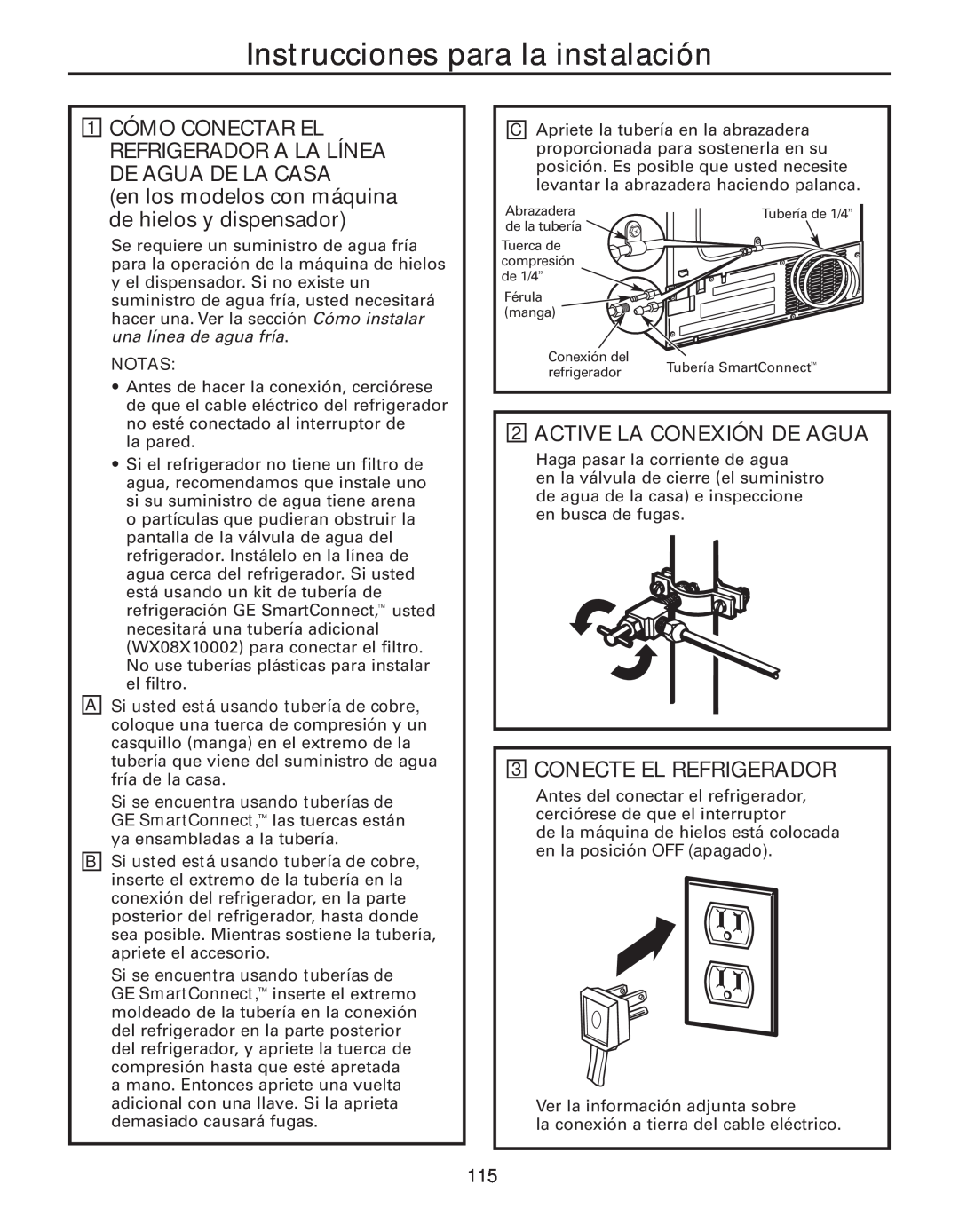 GE 200D8074P043 en los modelos con máquina, de hielos y dispensador, Active La Conexión De Agua, Conecte El Refrigerador 