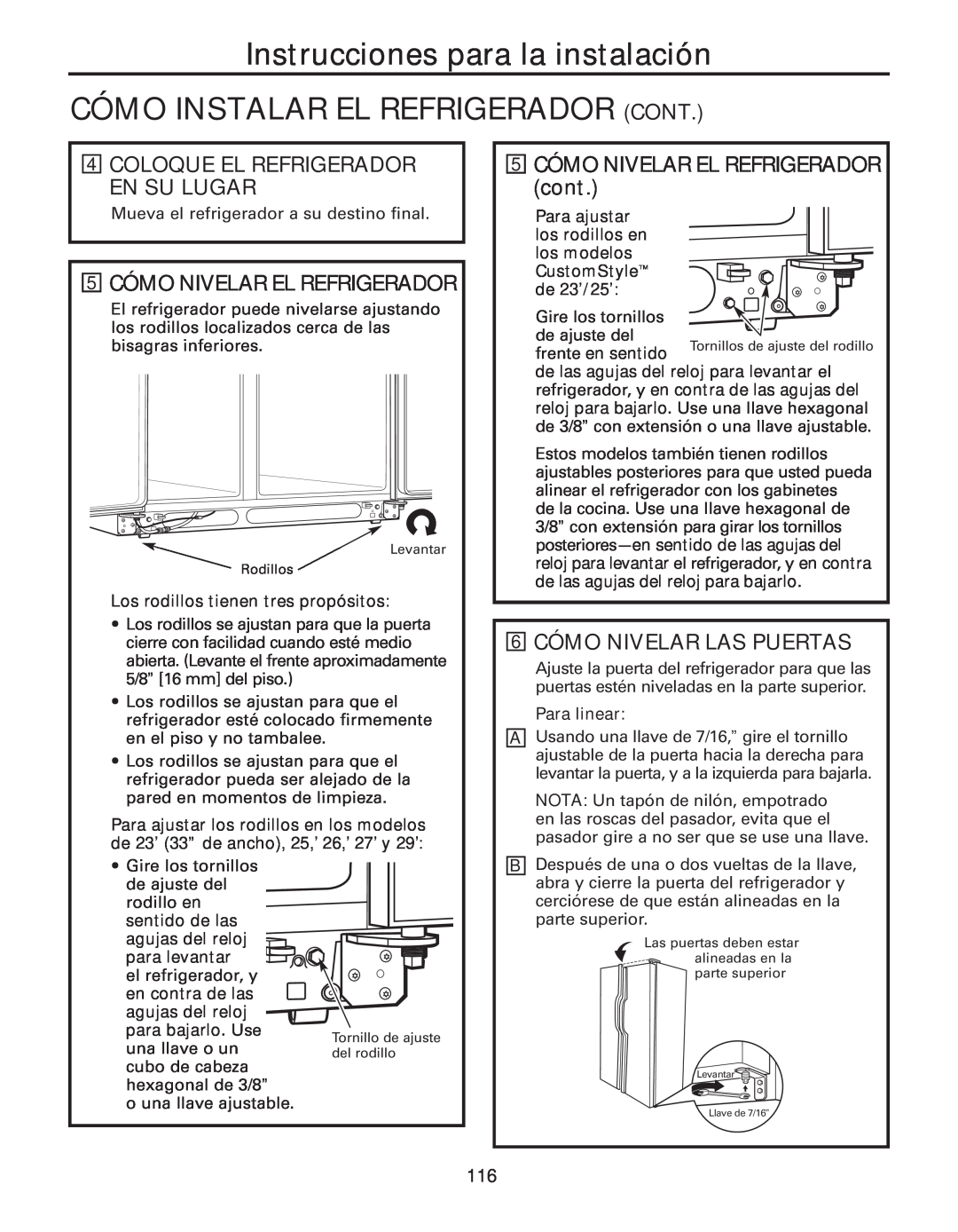 GE 49-60637 manual Instrucciones para la instalación CÓMO INSTALAR EL REFRIGERADOR CONT, 5 CÓMO NIVELAR EL REFRIGERADOR 