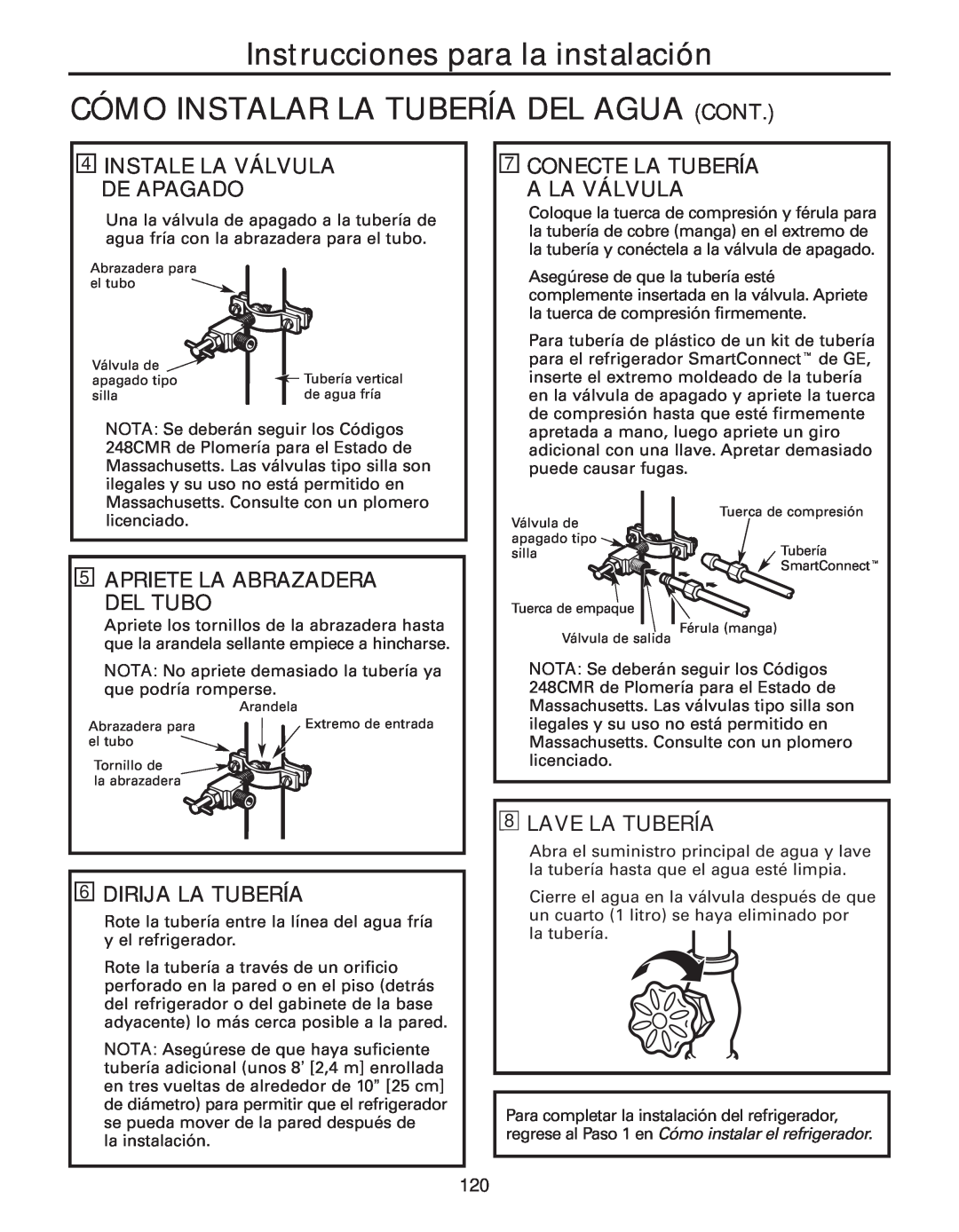 GE 49-60637 manual Cómo Instalar La Tubería Del Agua Cont, Instale La Válvula De Apagado, Conecte La Tubería A La Válvula 