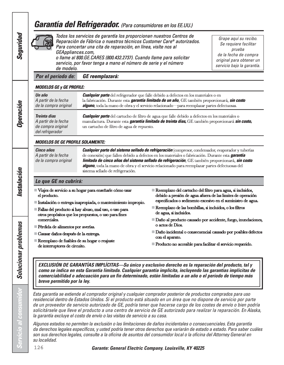 GE 49-60637 Operación Instalación, Servicio al consumidor Solucionar, GE reemplazará, Lo que GE no cubrirá, su localidad 
