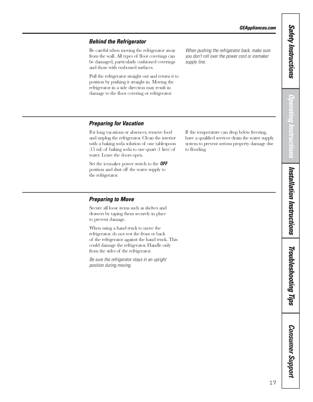 GE 200D8074P043 manual Instructions Operating, Behind the Refrigerator, Preparing for Vacation, Preparing to Move, Safety 