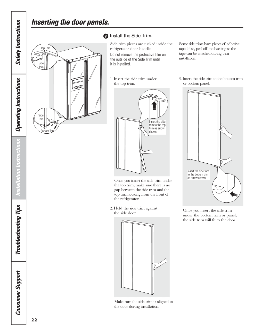 GE 49-60637, 200D8074P043 manual Consumer, Install the Side Trim, Inserting the door panels 