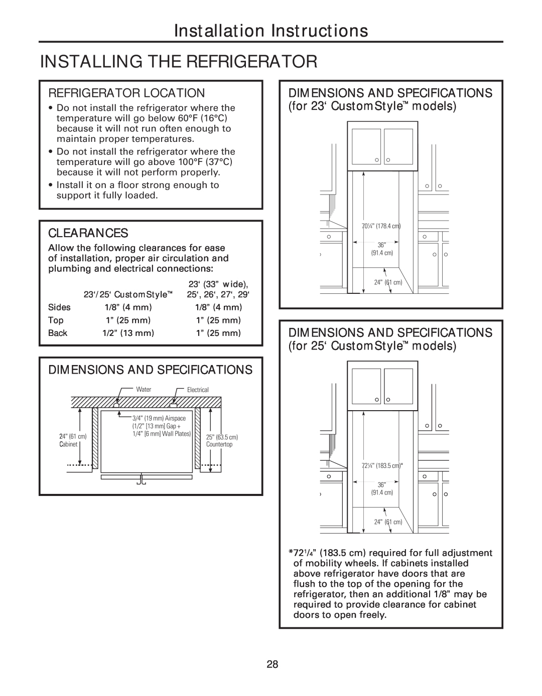 GE 49-60637, 200D8074P043 manual Installation Instructions INSTALLING THE REFRIGERATOR, Refrigerator Location, Clearances 