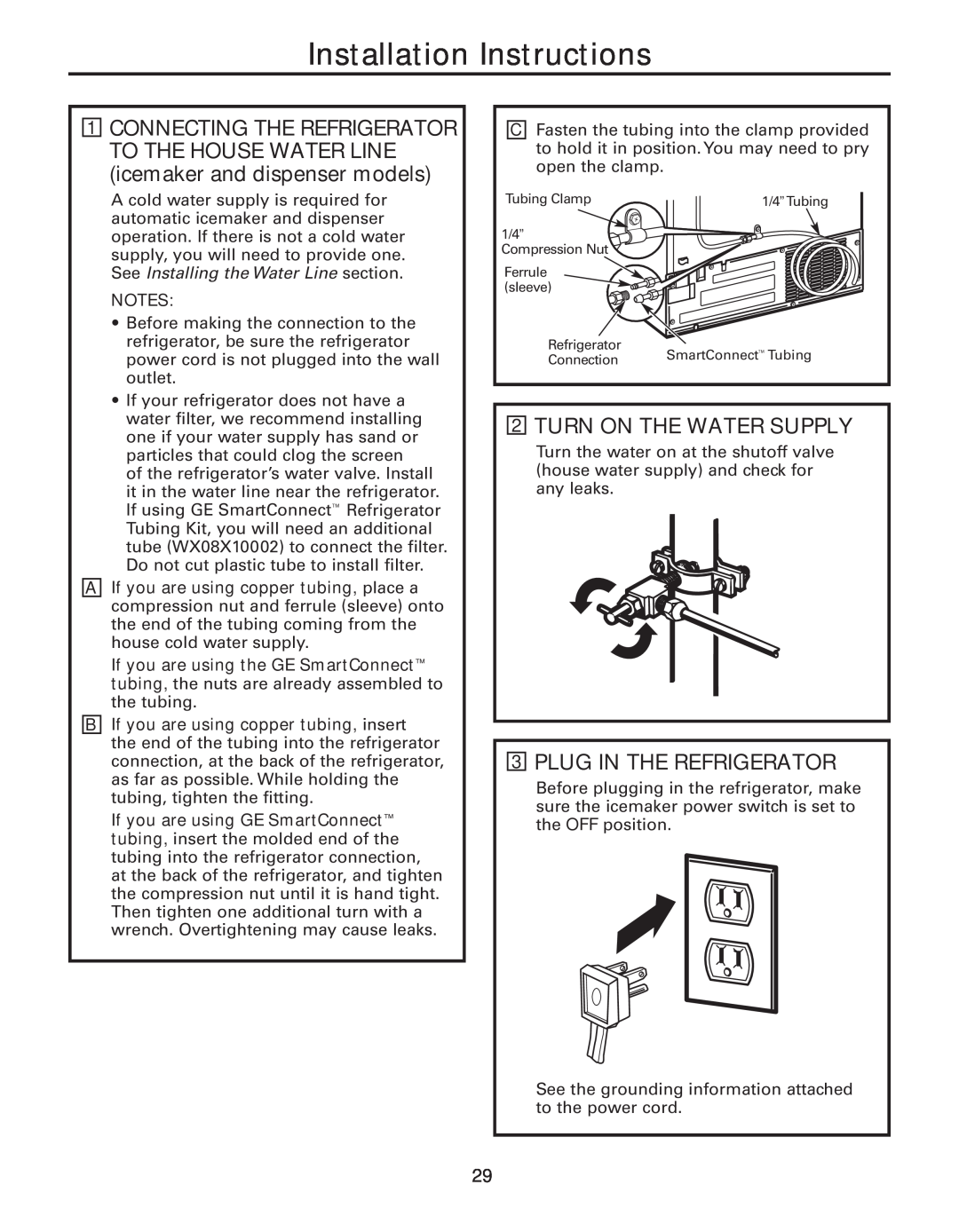 GE 200D8074P043, 49-60637 manual Turn On The Water Supply, Plug In The Refrigerator, Installation Instructions 