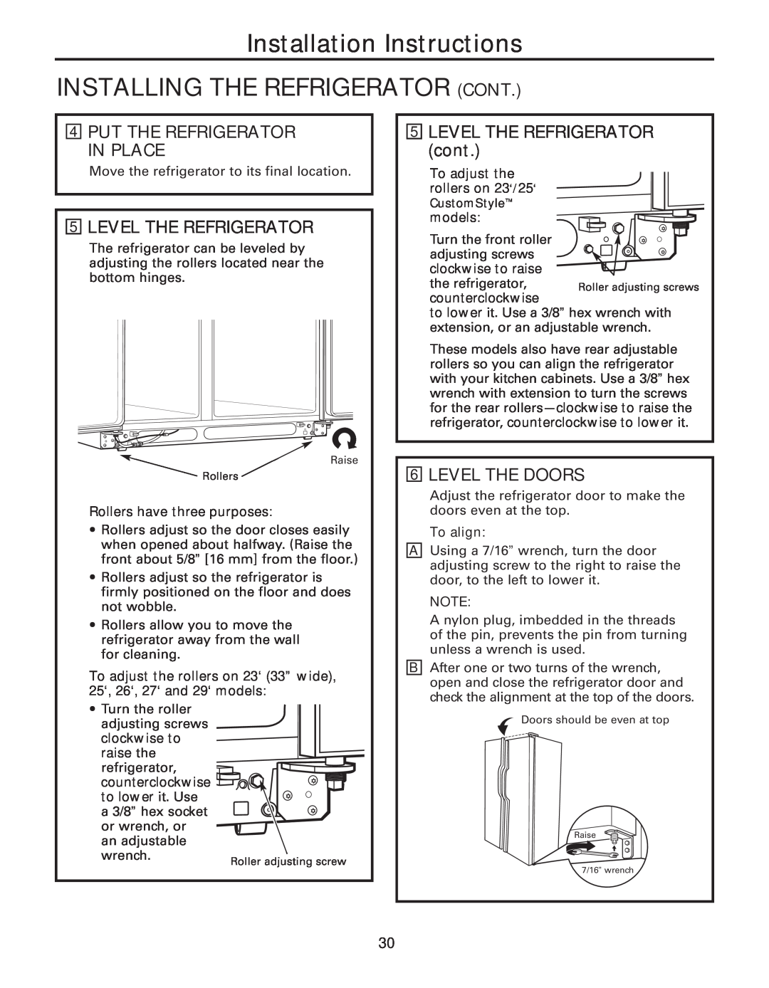 GE 49-60637 Installation Instructions INSTALLING THE REFRIGERATOR CONT, Level The Refrigerator, Level The Doors, To align 