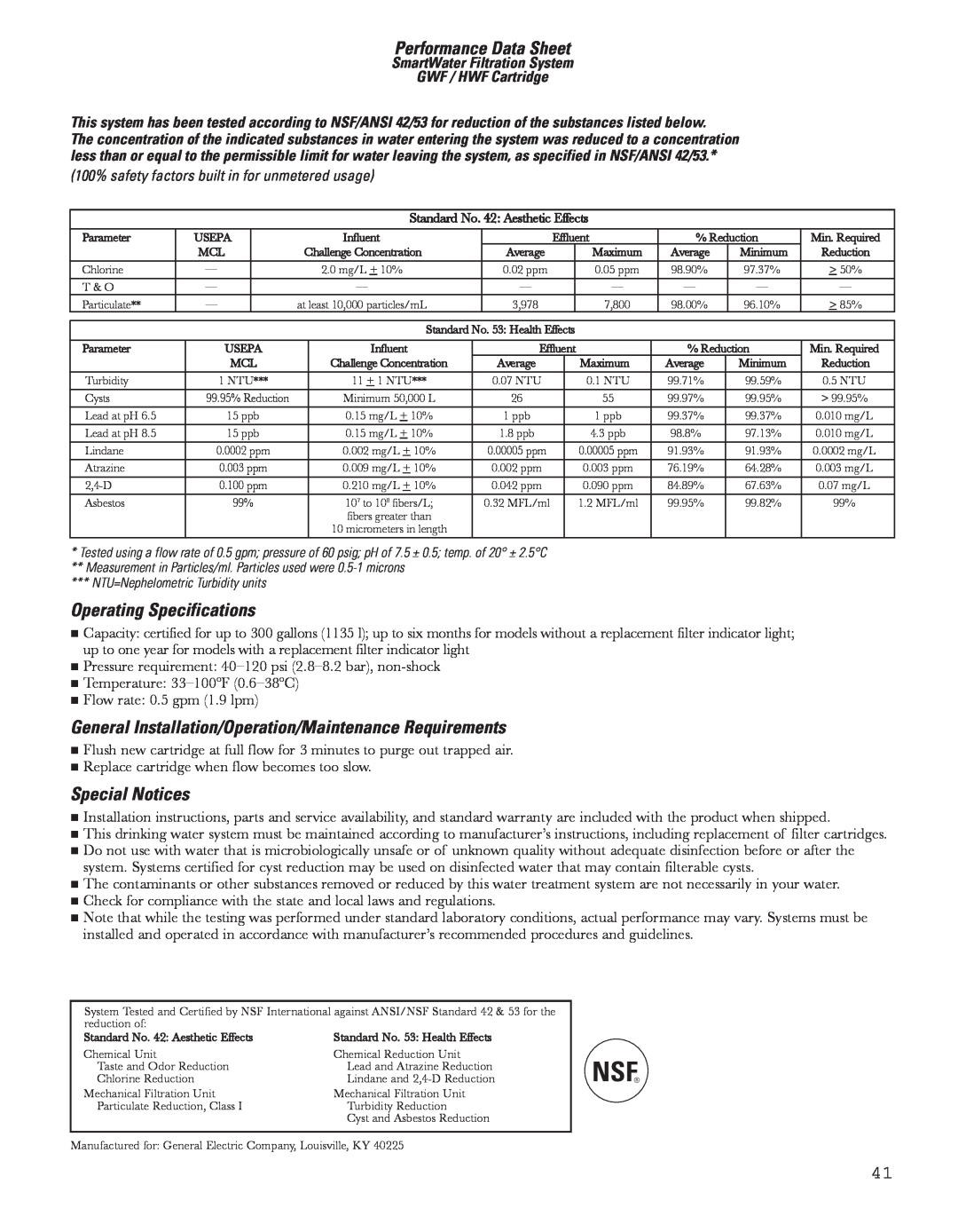 GE 200D8074P043 Performance Data Sheet, Operating Specifications, General Installation/Operation/Maintenance Requirements 
