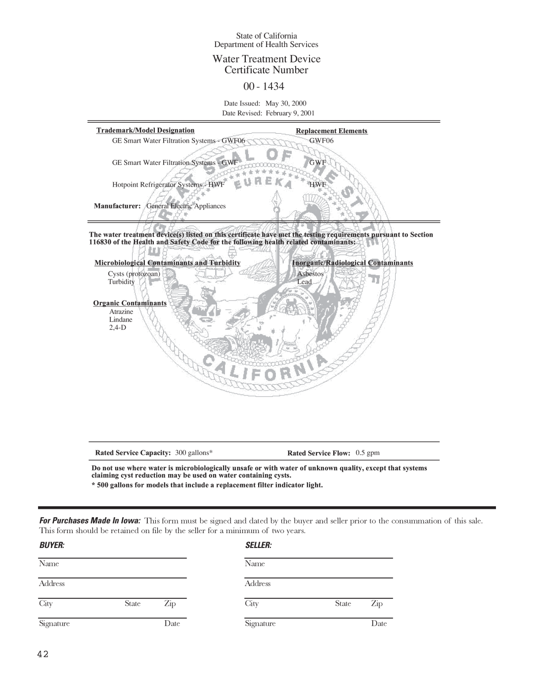 GE 49-60637 Water Treatment Device, Certificate Number, State of California Department of Health Services, Buyer, Seller 