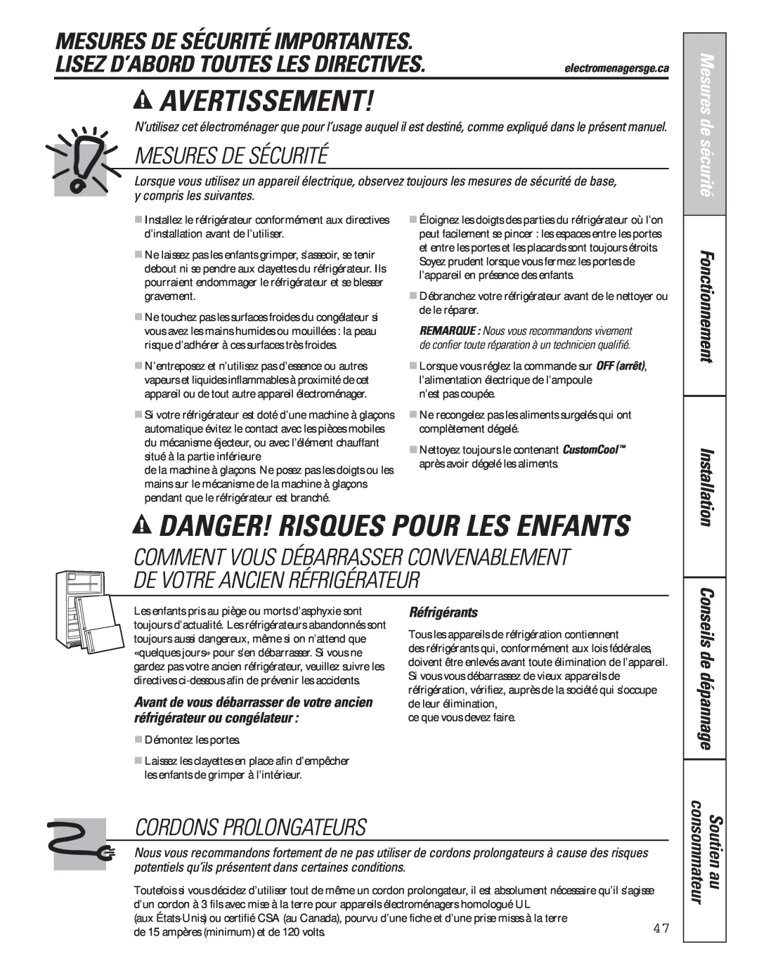 GE 200D8074P043 Avertissement, Danger! Risques Pour Les Enfants, Mesures De Sécurité Importantes, Cordons Prolongateurs 