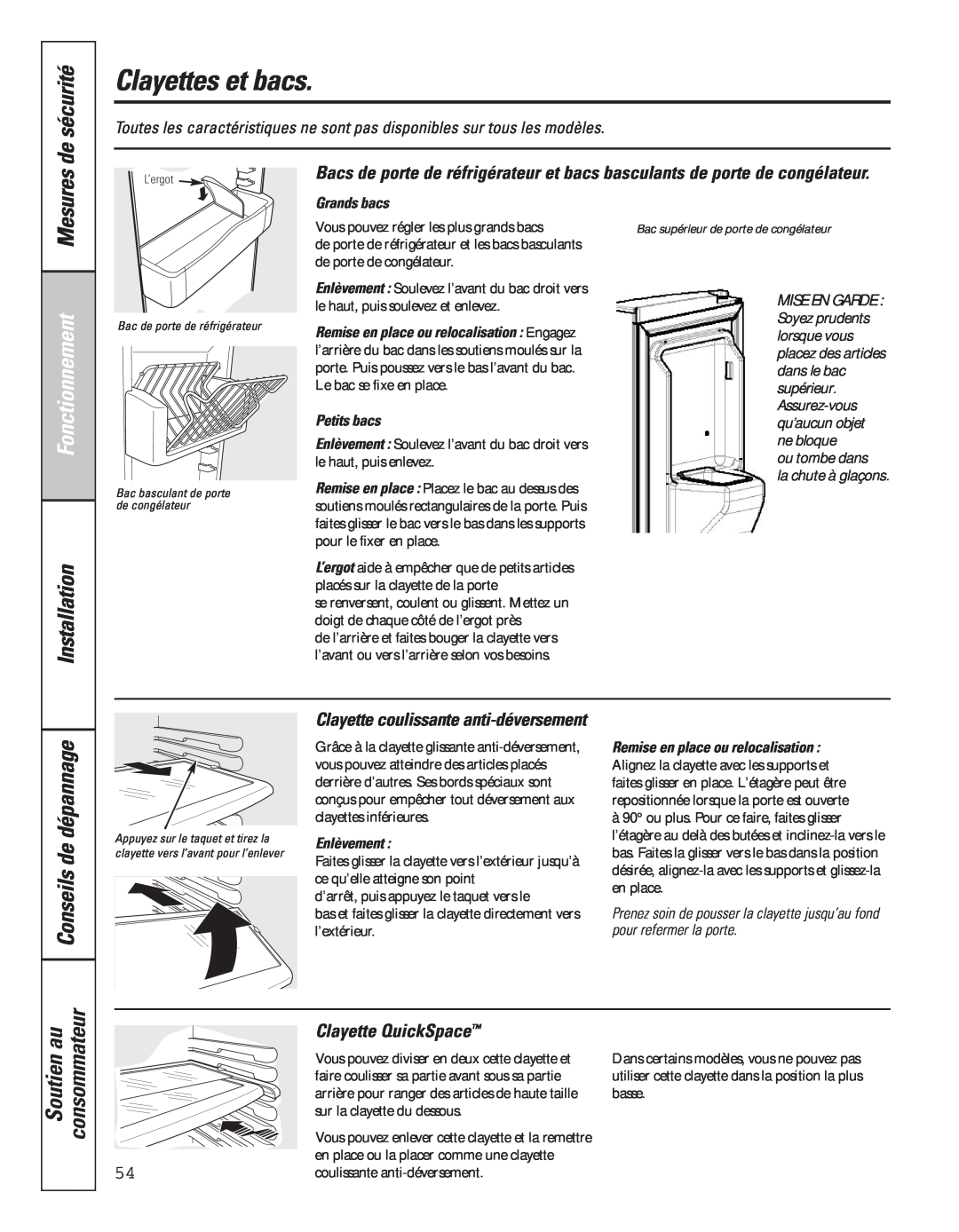 GE 49-60637, 200D8074P043 manual Clayettes et bacs, Mesures, Clayette QuickSpace, de sécurité, Fonctionnement 